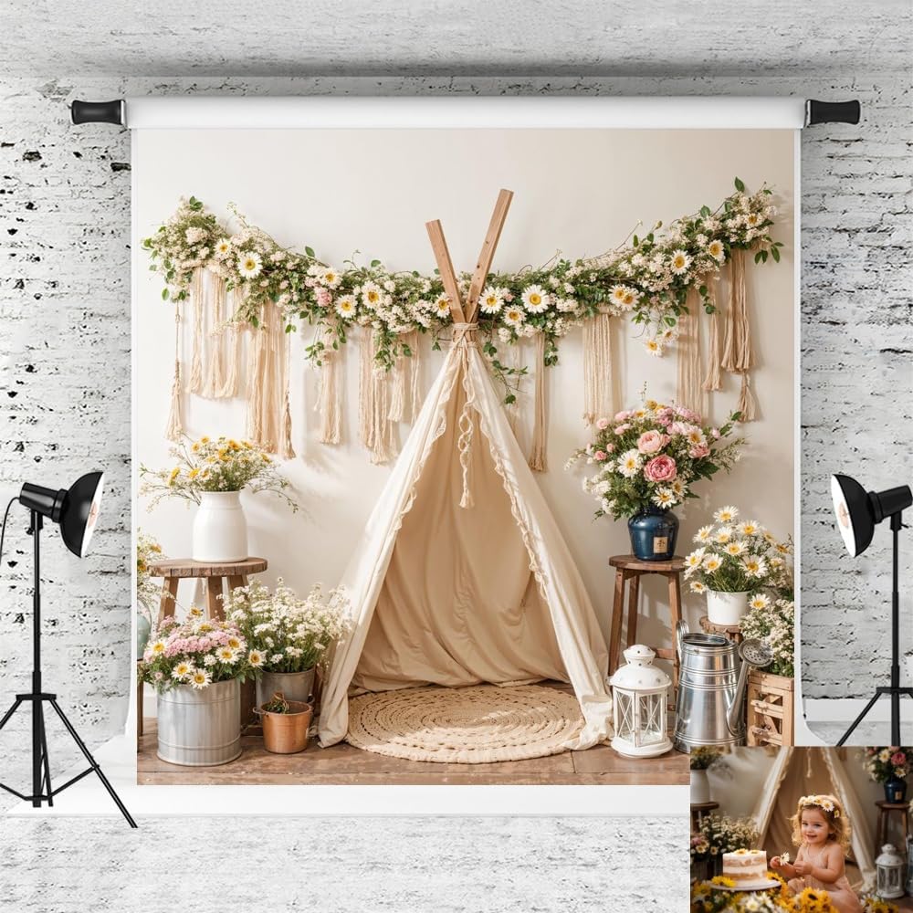 Kate Boho Reed Pink White Flower Beige Curtain Brick Wall Backdrop Photo Background Studio Props,7x5ft