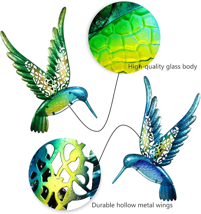Set de 2 colibríes de metal para decoración de pared exterior miniatura 4