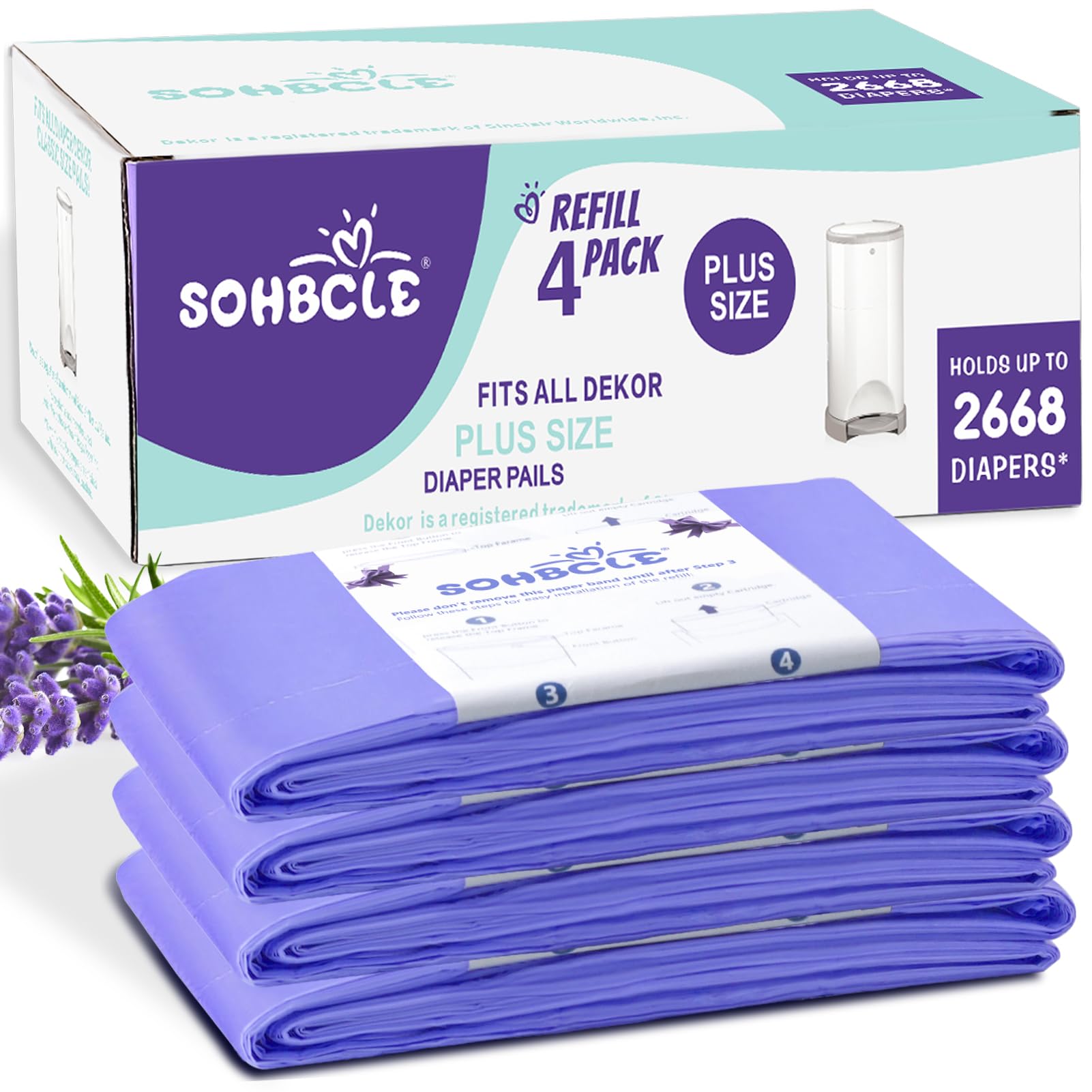 Compatible with Dekor Plus Diaper Pail, Diaper Pail Refill Bags Extra 12% Length 4 Pack, Holds up to 2668 Diapers,Extra 30% Thickness Powerful Odor Eliminate Lavender Scent Newborn Essentials