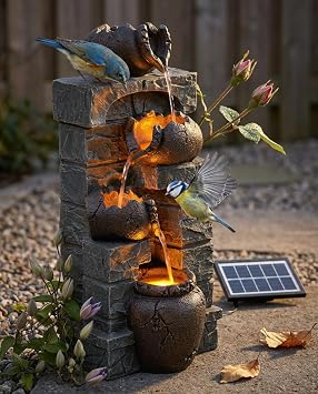 Solar Powered Water Fountain Outdoor, Vintage Cracked Pot & Stone Waterfall Fountain with LED Lights, Relaxing Flowing Water Feature Landscape Decor for Garden, Patio, Yard