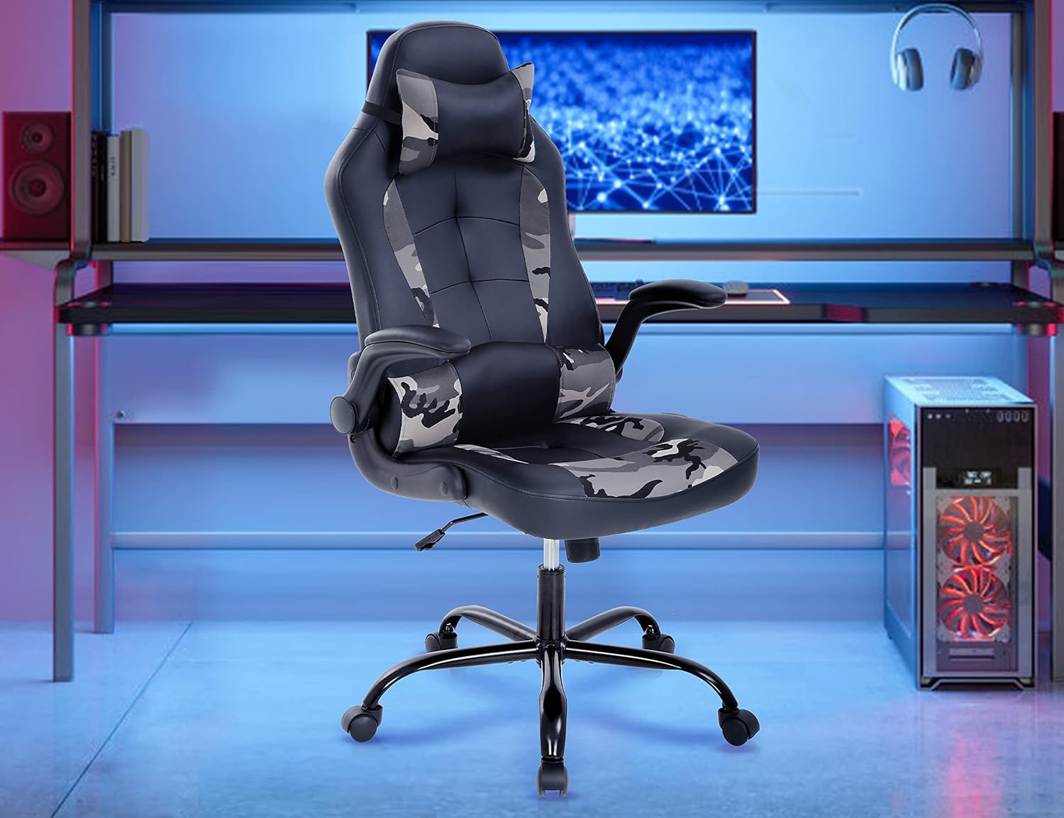 Gaming Chair, PU Leather Height Adjustable Computer Chair w/Headrest Lumbar Support