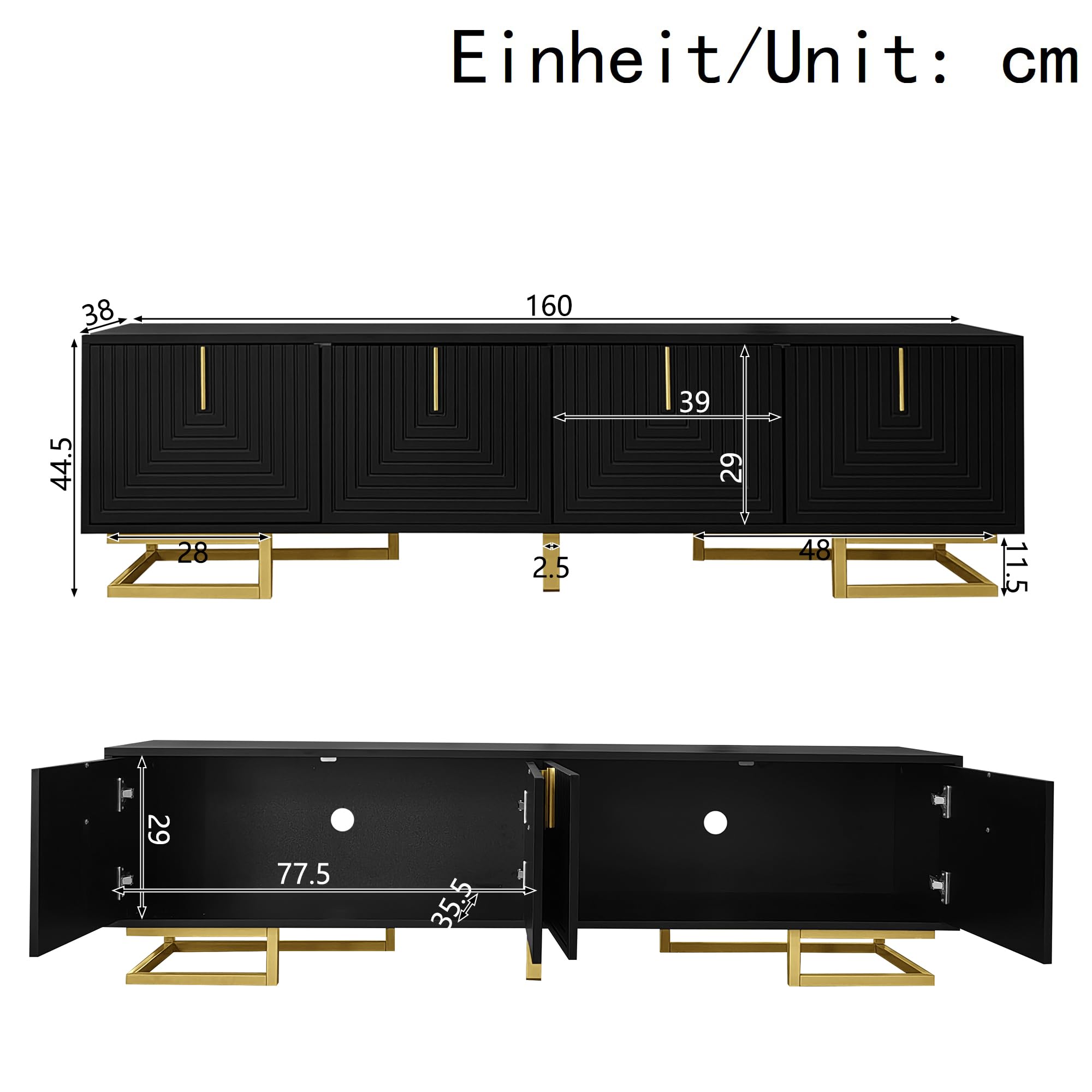 TV-Schrank,Lowboard mit strukturierten Türen,TV-Möbel,Goldene Griffe und Goldene Beine 40x160cm (Schwarz)