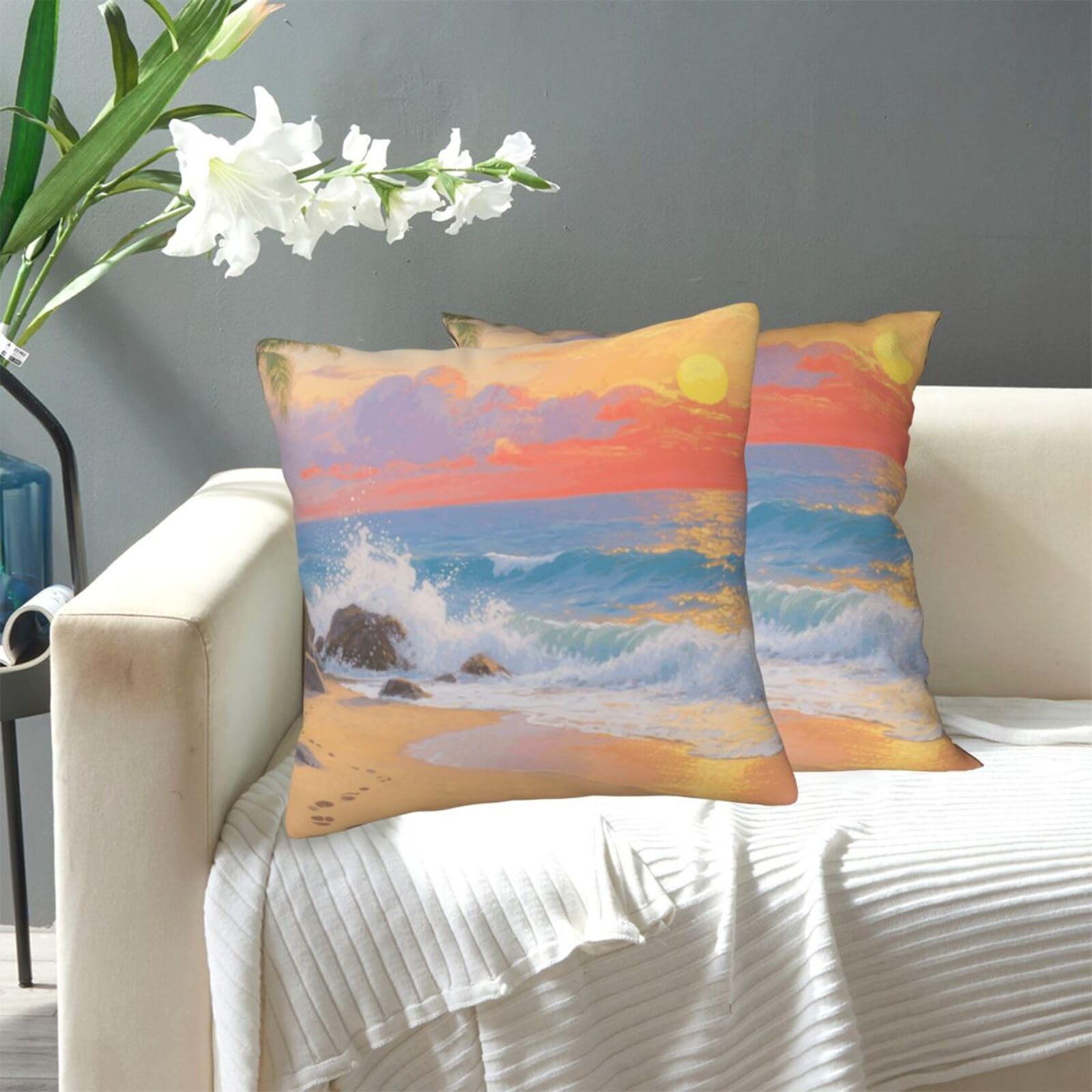 FekiLoot Decorative Throw Pillow Covers Modern Farmhouse Pillowcase Double Sided Cozy Cushion Cover for Sofa Couch Bed 18"X18" Sunset Beach Ocean