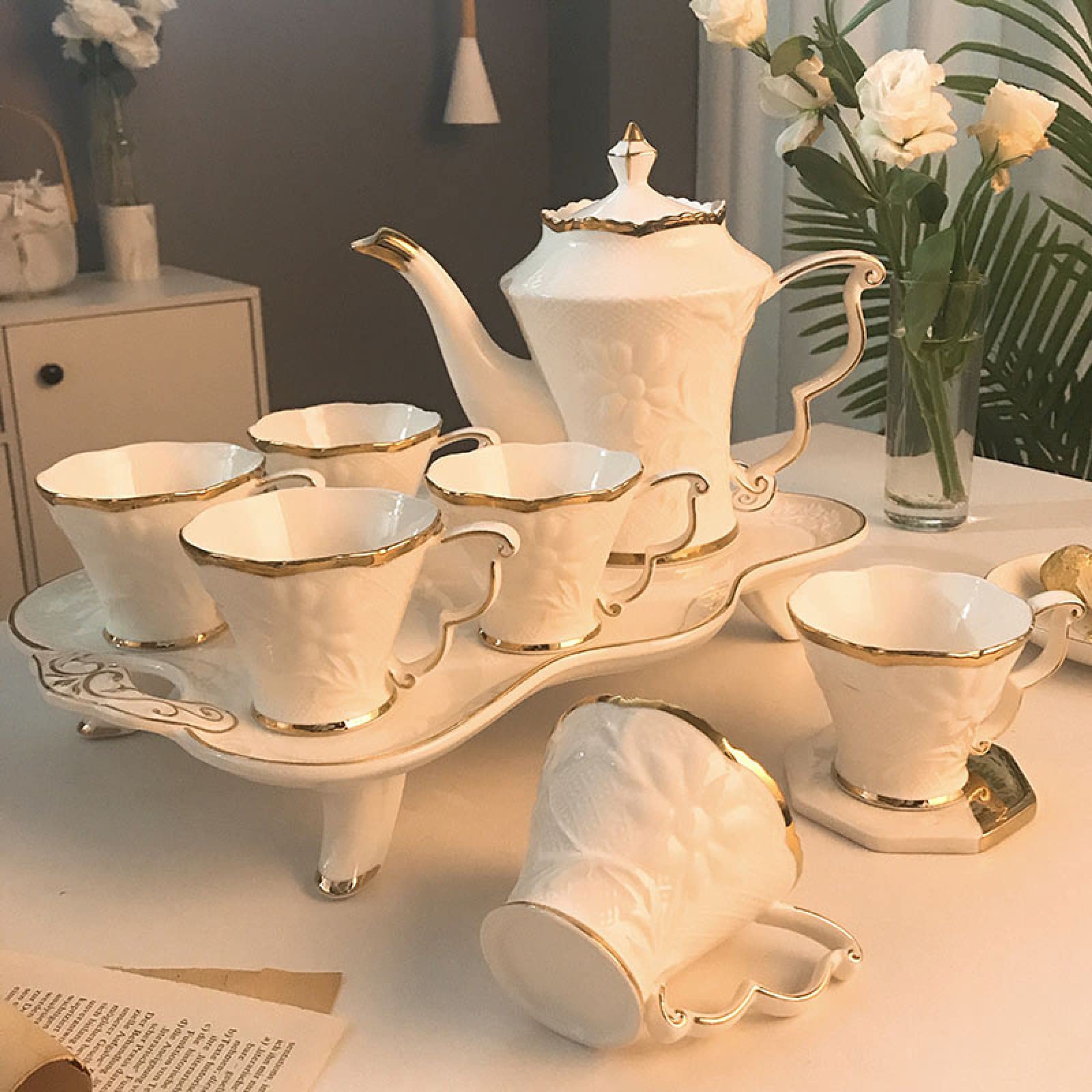 zestaw do herbaty, Filiżanka do kawy i spodek Zestaw herbaty dla dorosłych z czajnikiem Porcelanowy serwis podwieczorku Herbata kwitnąca