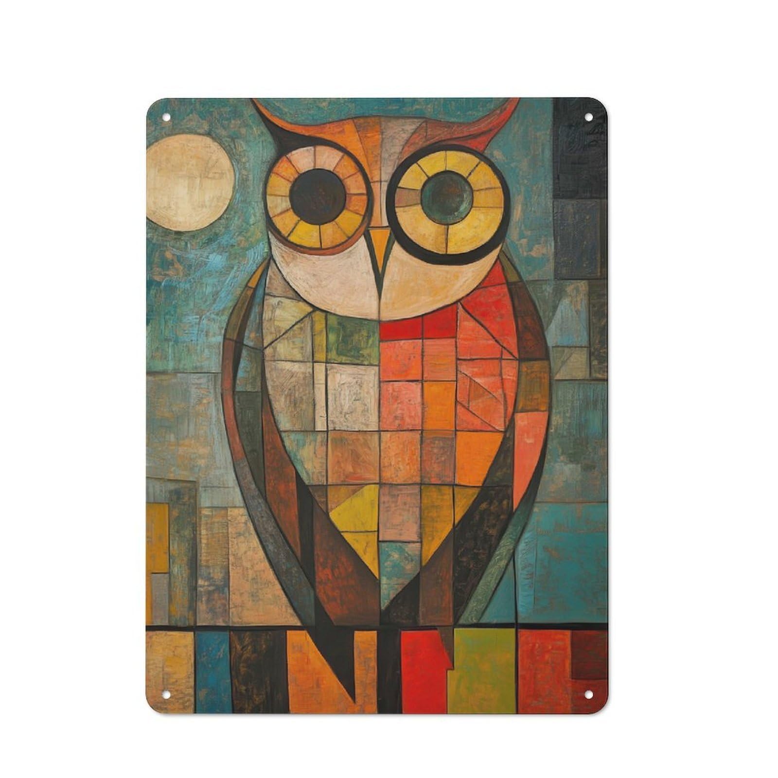 Junmoney Owl Oil Painting Tin Wall Plaque With Design 40X30cm, Country Vintage Cottage Wall Art For Kitchen, Cottage, Porch Or Garden Room