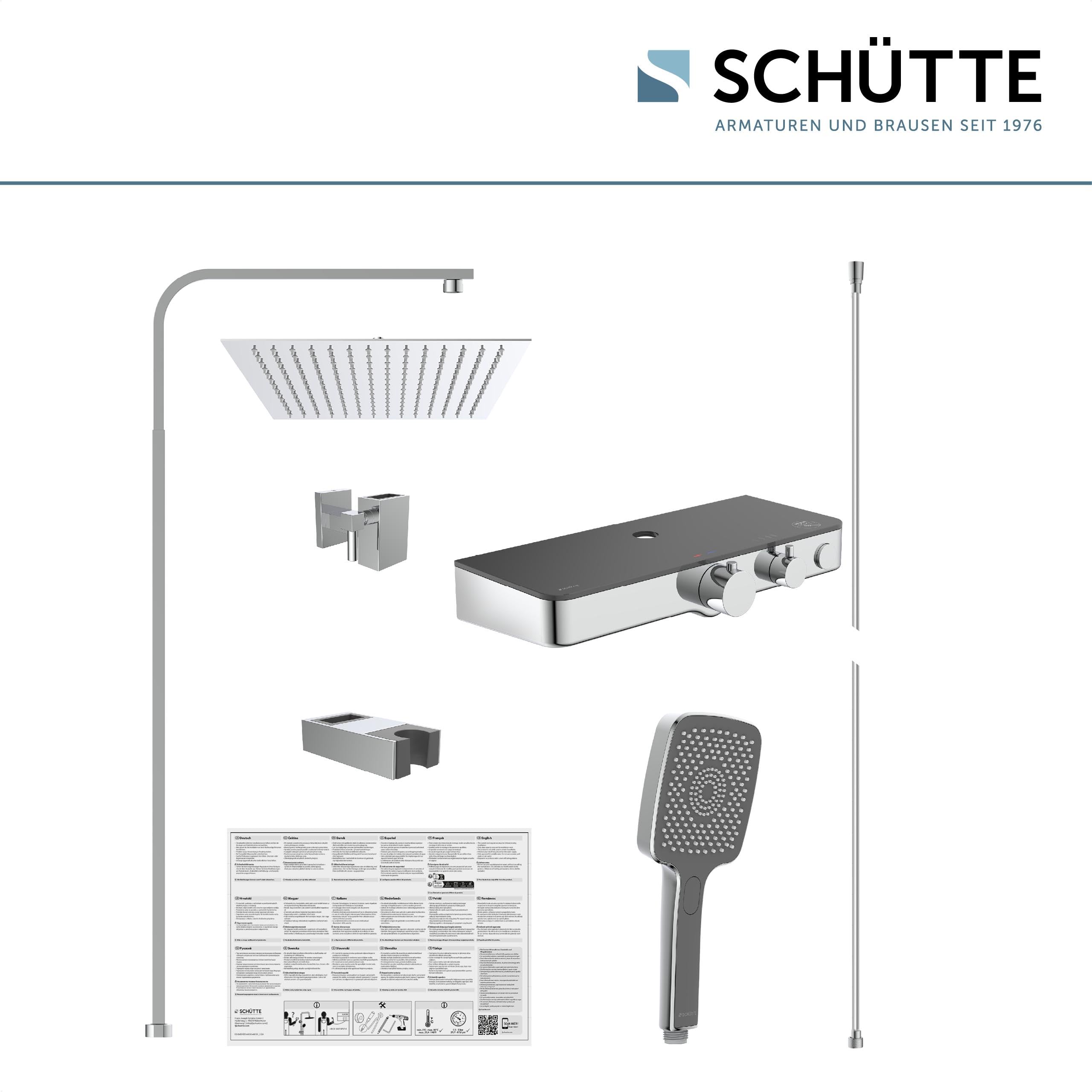 Schütte OCEAN Duschsystem mit Thermostat und Glasablage-Duschset mit 30x30cm, Regendusche mit Wandhalterung und Duschkopf-Duschpaneel Duschsäule in Chrom/Anthrazit 60531