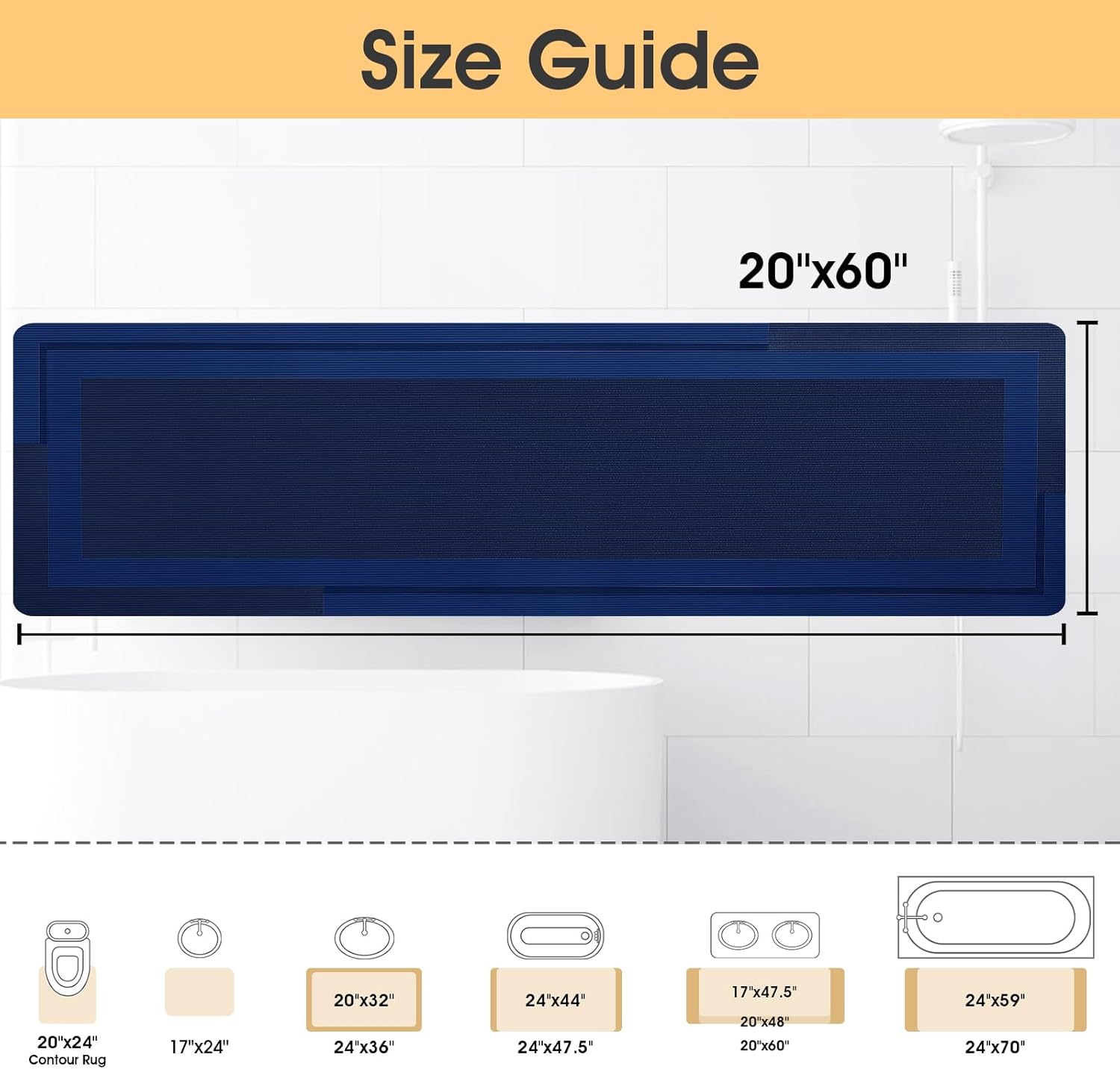 Ultra Thin Bath Mat, Upgrade Backing Non Slip Thin Bath Mats Fit Under Door, Quick Dry Ultra Absorbent Bathroom Rugs, Machine Washable Bath Rugs for Bathroom, Bathtub, Dark Blue/Bordered/59"x20" - Image 2