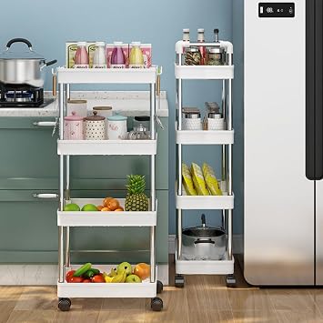 Plastic Storage Trolley on Wheels Slide-out Slim Rolling Utility Cart Mobile Storage Shelving Organizer for Kitchen, Bedroom, Bathroom, Office (3-Tier,With armrest)