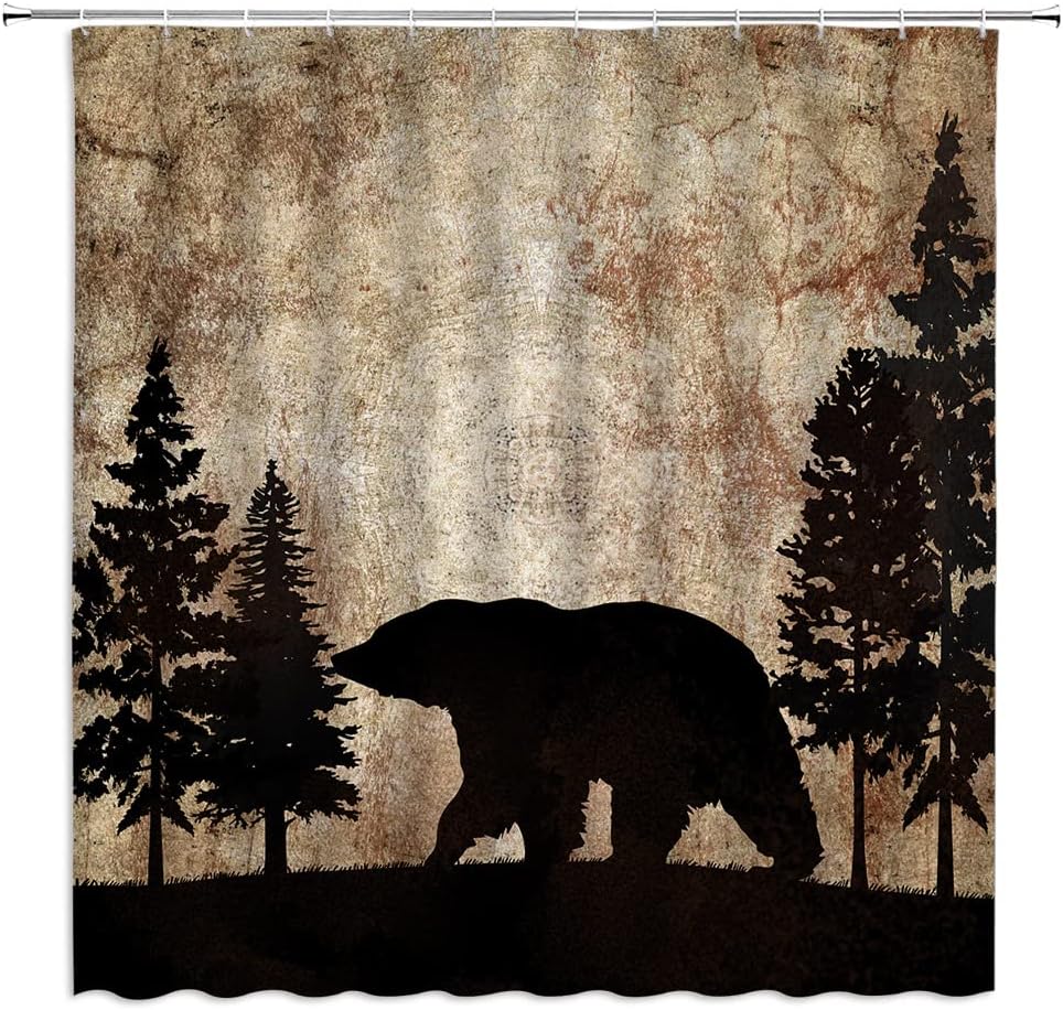 Rustic Deer Shower Curtain Wild Animal Silhouettes Black and Grey Forest Pine Tree Bird Wooden Board Farmhouse Vintage Elk Art Fabric Home Bathroom Decor Set with Hooks（78" Wx70 H）