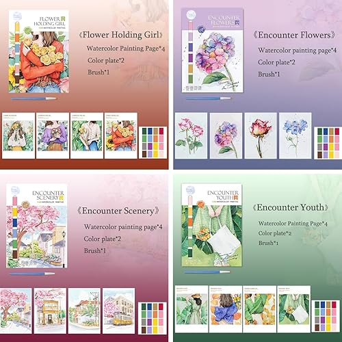 Miniatura 10 de JTENJCHE Juego de pintura de acuarela para bricolaje, 4 temas, 16 pinturas para relajación, juego de pintura de acuarela, regalo para adolescentes y