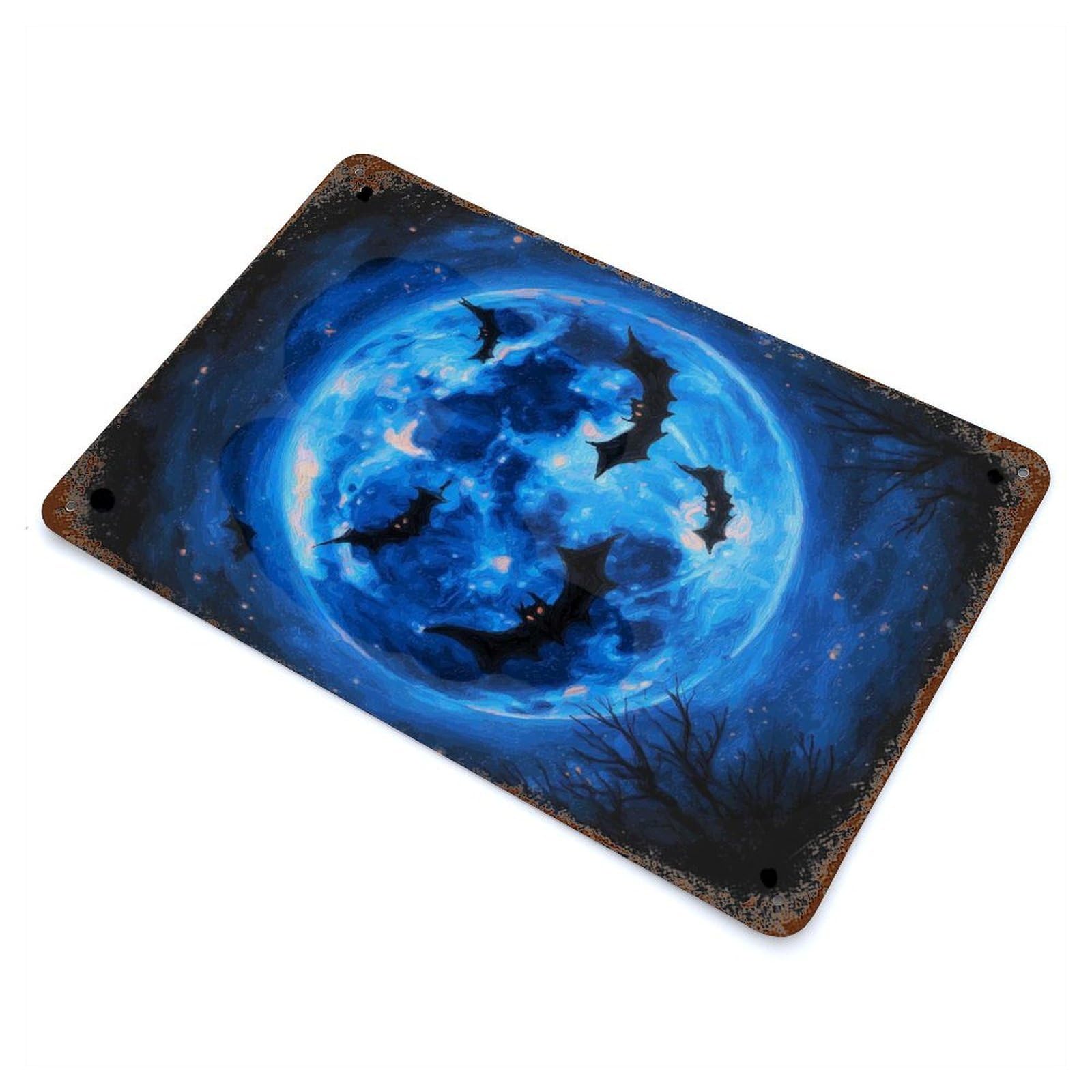 Rustic Tin Plaque Bats Flying in Front of Blue Moon 11.8"x7.9", Retro Wall Decor for Shed, Workshop And Garage Wall Decor