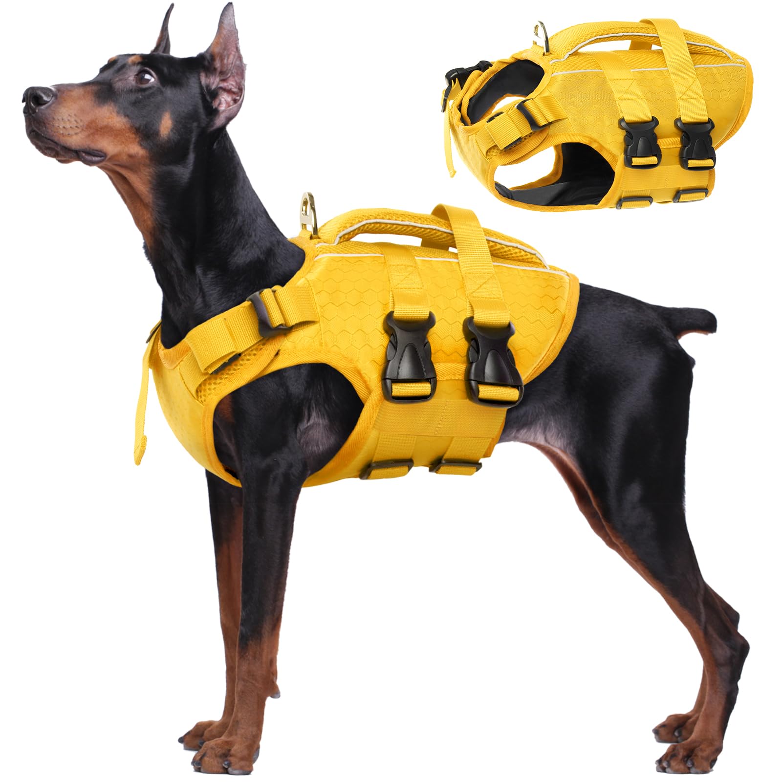 Kuoser XXL Dog Life Jackets for Small Medium Large Dogs, Adjustable High Visibility Jacket with Rescue Handle, Ripstop Flotation Vest Pet Lifesaver Puppy Swimsuits Swimming Pool, Yellow