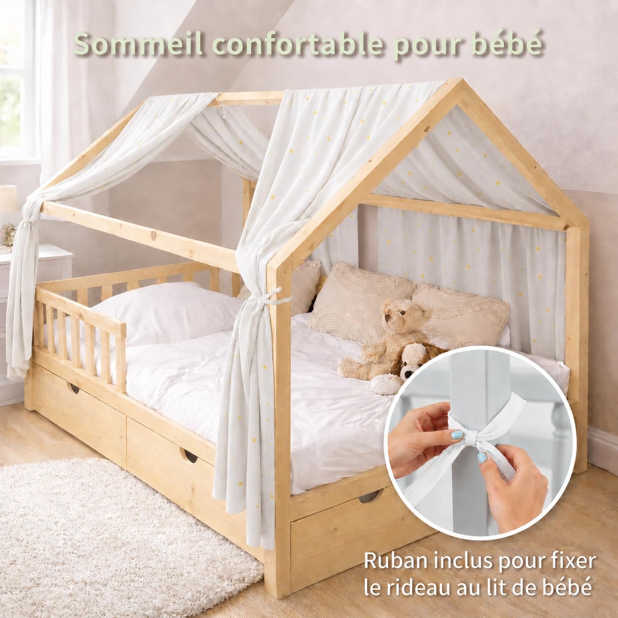 Ciel de lit cabane avec étoiles dorées, Lot de 2 pièces, 100% Coton Mousseline Fait Main, Voilage décoratif pour lit cabane, Filles et garçons（Blanc, 65 X 270 cm）