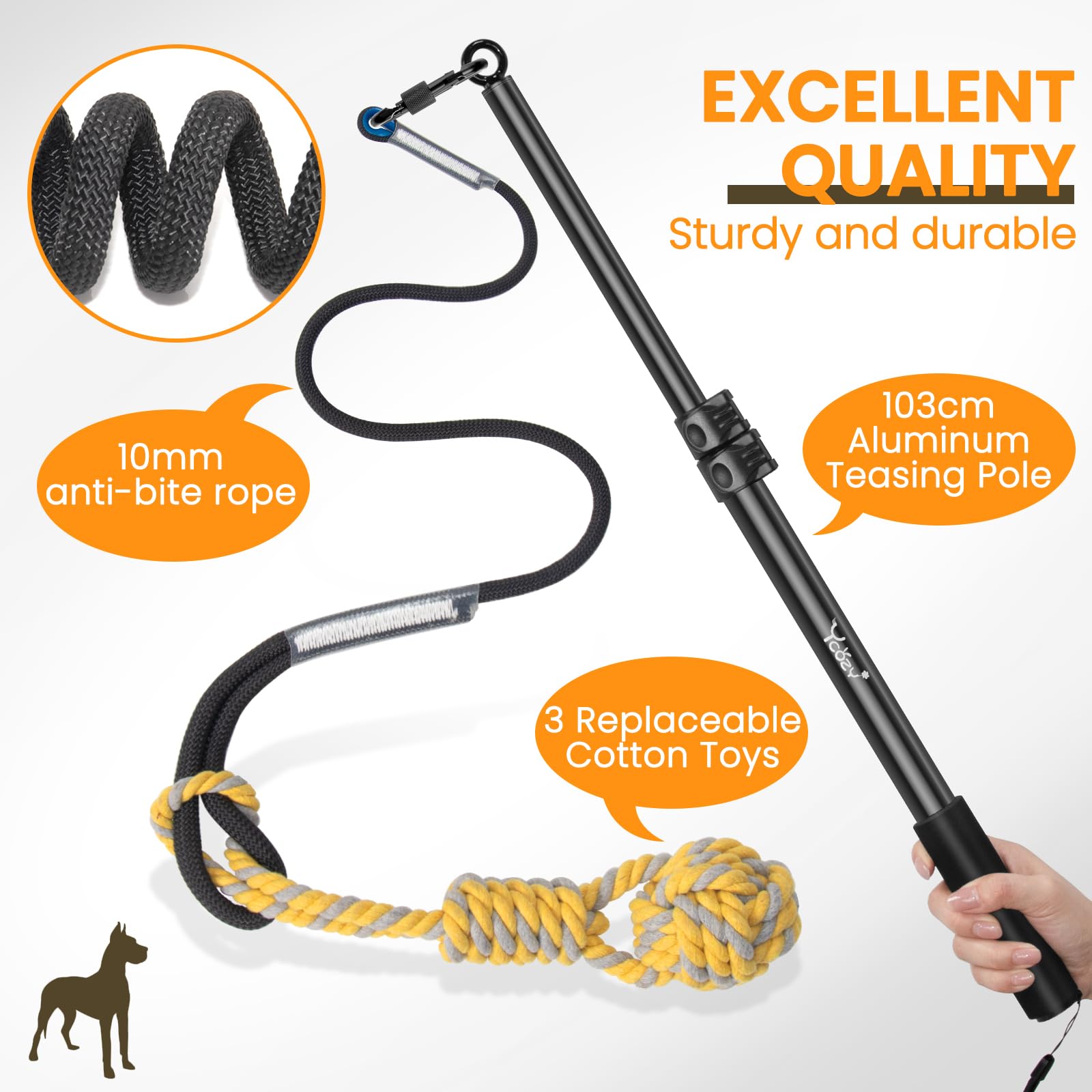 Ycozy Flirt Pole Cane 103cm, Cane Teaser Palo, Bacchetta Da Teaser Allungabile, Corda Giocattolo Interattivo All'Aperto per Cani Piccola/Media/Grandi Allenamento Esercizio Di Gioco