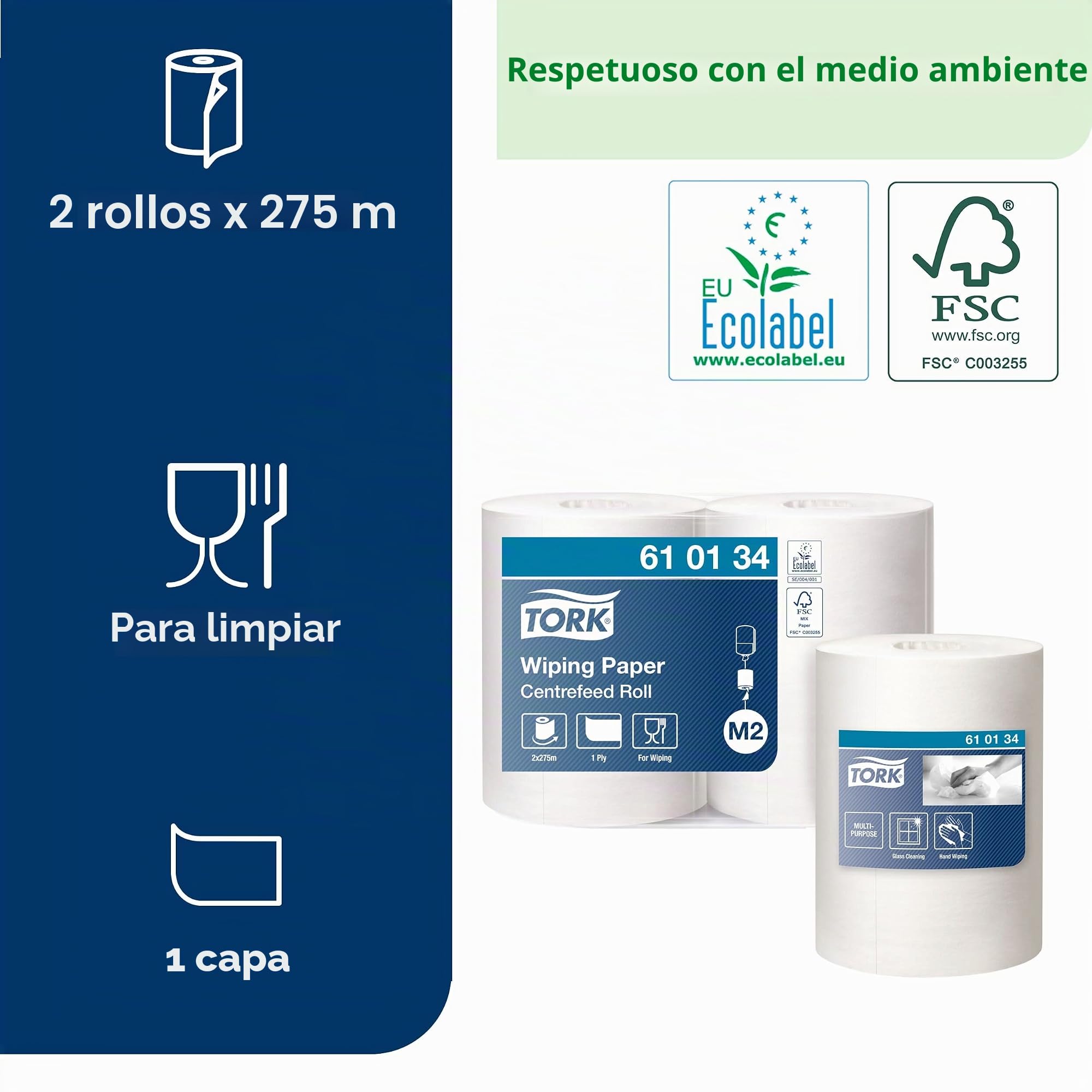 Tork 610134 Papel de secado Advanced/Paños de papel compatibles con el sistema M2 / 2 x bobinas / 1 capa/Blanco
