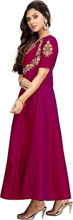 TRENDMALLS Women's Leeva Silk Embroidery Anarkali Kurti Claf-Long Short Sleeve Kurti for Woman