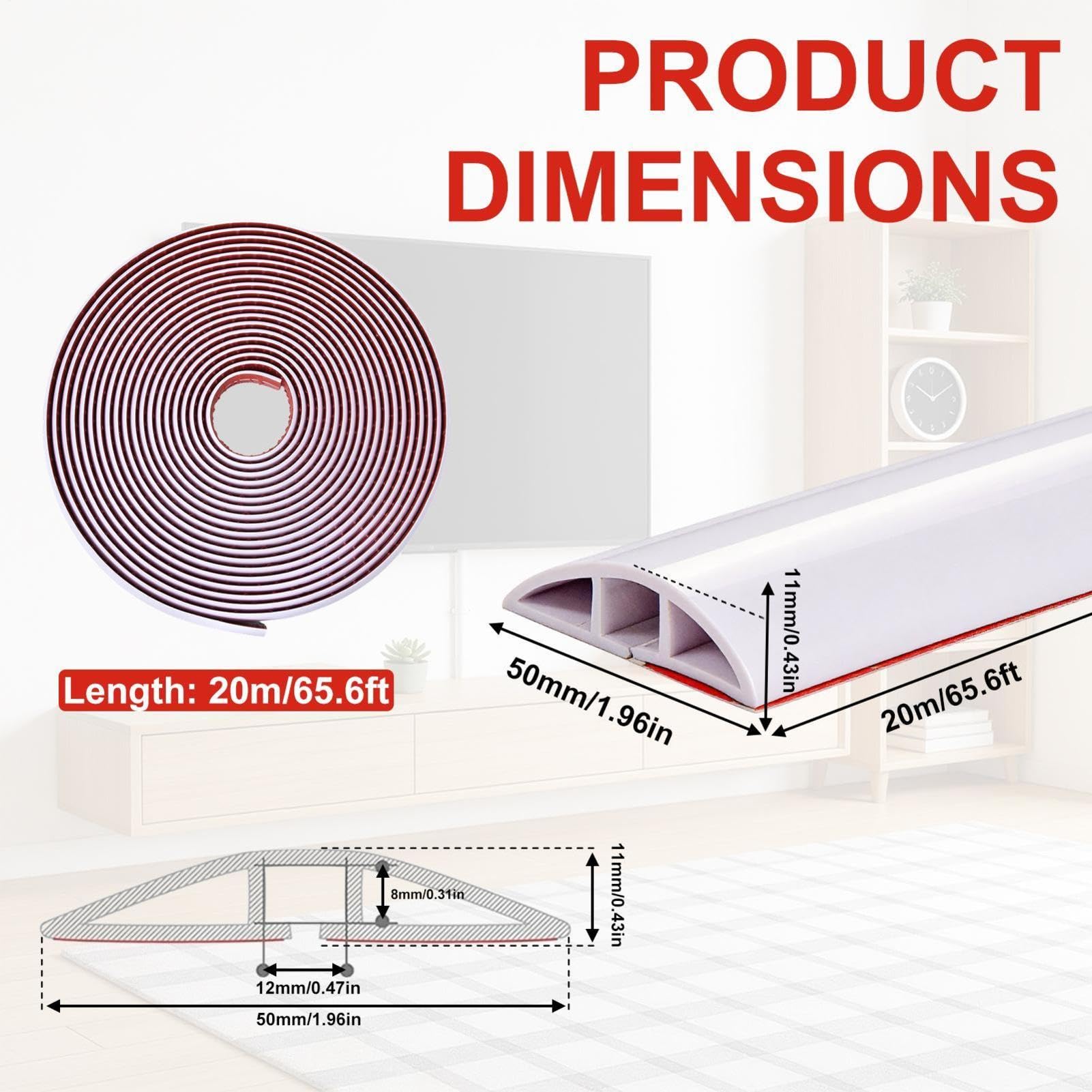 20m Kabelkanal Mit Starker Selbstklebung, 5cm Breit Flacher PVC Kabelkanal Selbstklebend, Flexibel Und Schneidbar, Für Boden Und Wand, Versteckts Kabel Sicher, Reduziert Unfallrisiko