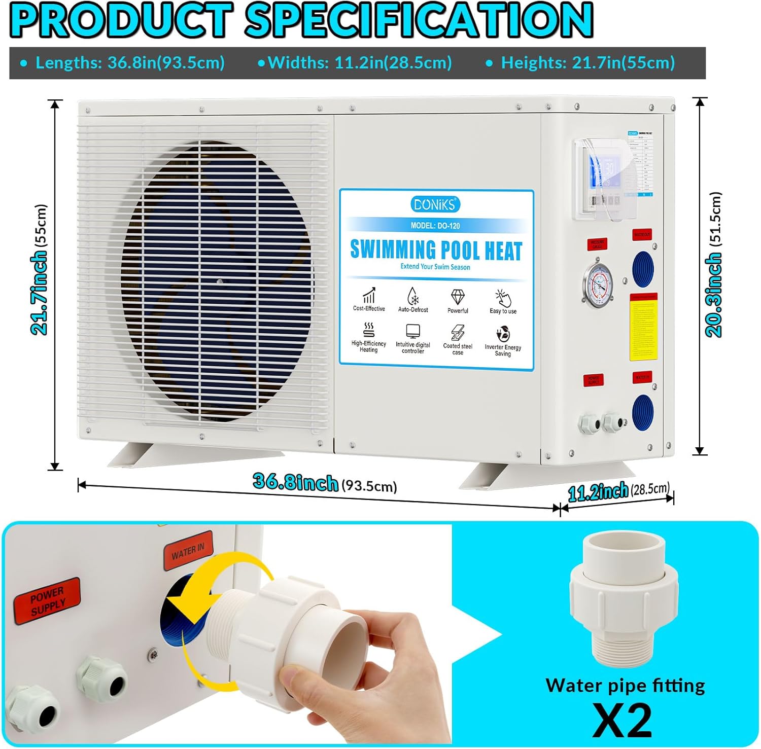 Doniks 22000 BTU Pool Heat Pump, for 7000 Gallons Above Ground and Inground Pool,Swimming Pool Heaters,230V~240V, with Digital Display Multi-Protection