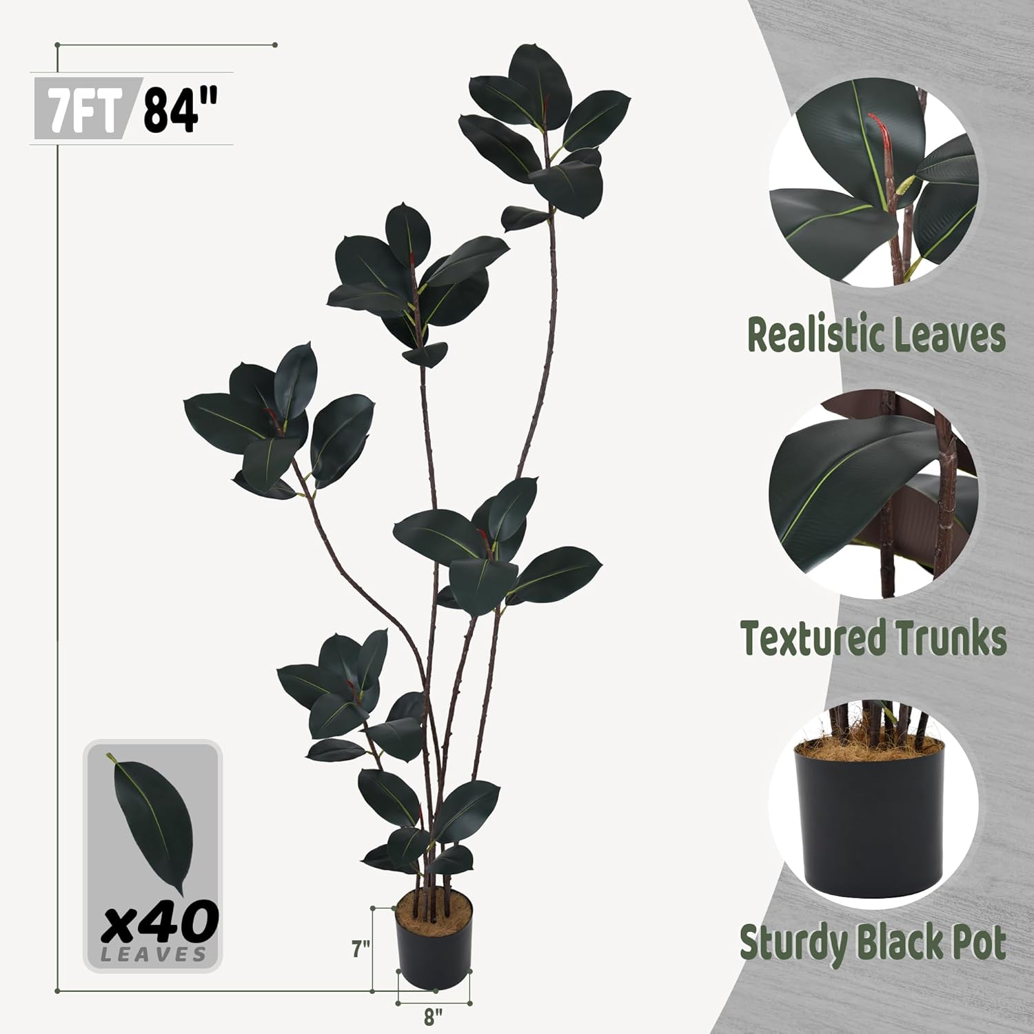 Roselywed Artificial Rubber Tree 7FT with 40 Glossy Leaves & 6 Heads & Black Pot Cover with Coconut Fiber Realistic Tall Large Faux Tropical Ficus Elastica Plant 84 Inch for Indoor Home Modern Decor