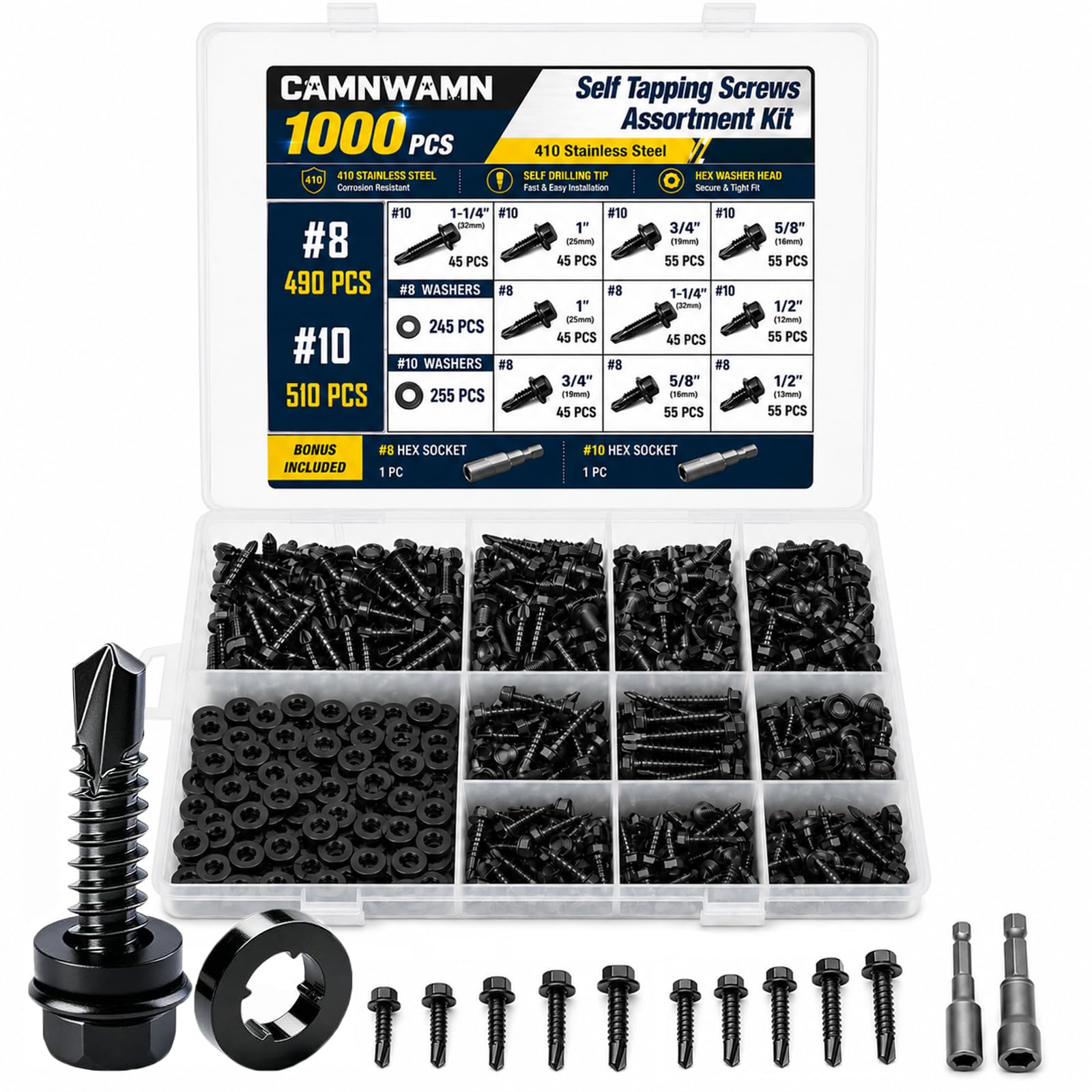 Kit surtido de 1000 tornillos autoperforantes #8#10, tornillos autorroscantes de cabeza hexagonal de acero inoxidable 410 con arandelas de goma, 10 tamaños para construcción de metal, madera y