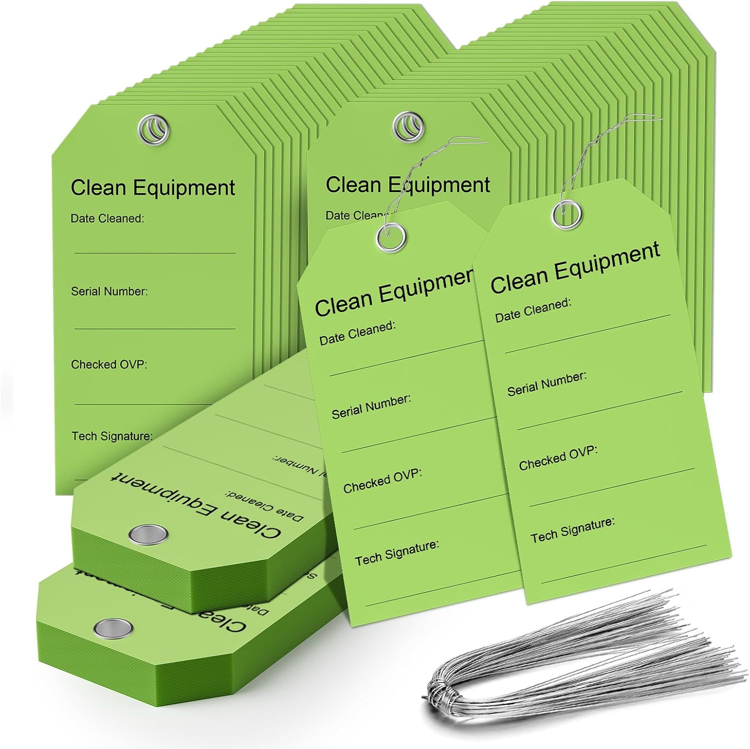 Clean Equipment Tags with Wire - 500 Pack Green (2 5/16 x 4 3/4 Inch) - Clean Dirty Tags - for Inspection, Maintenance - Medical & Electrical Equipment