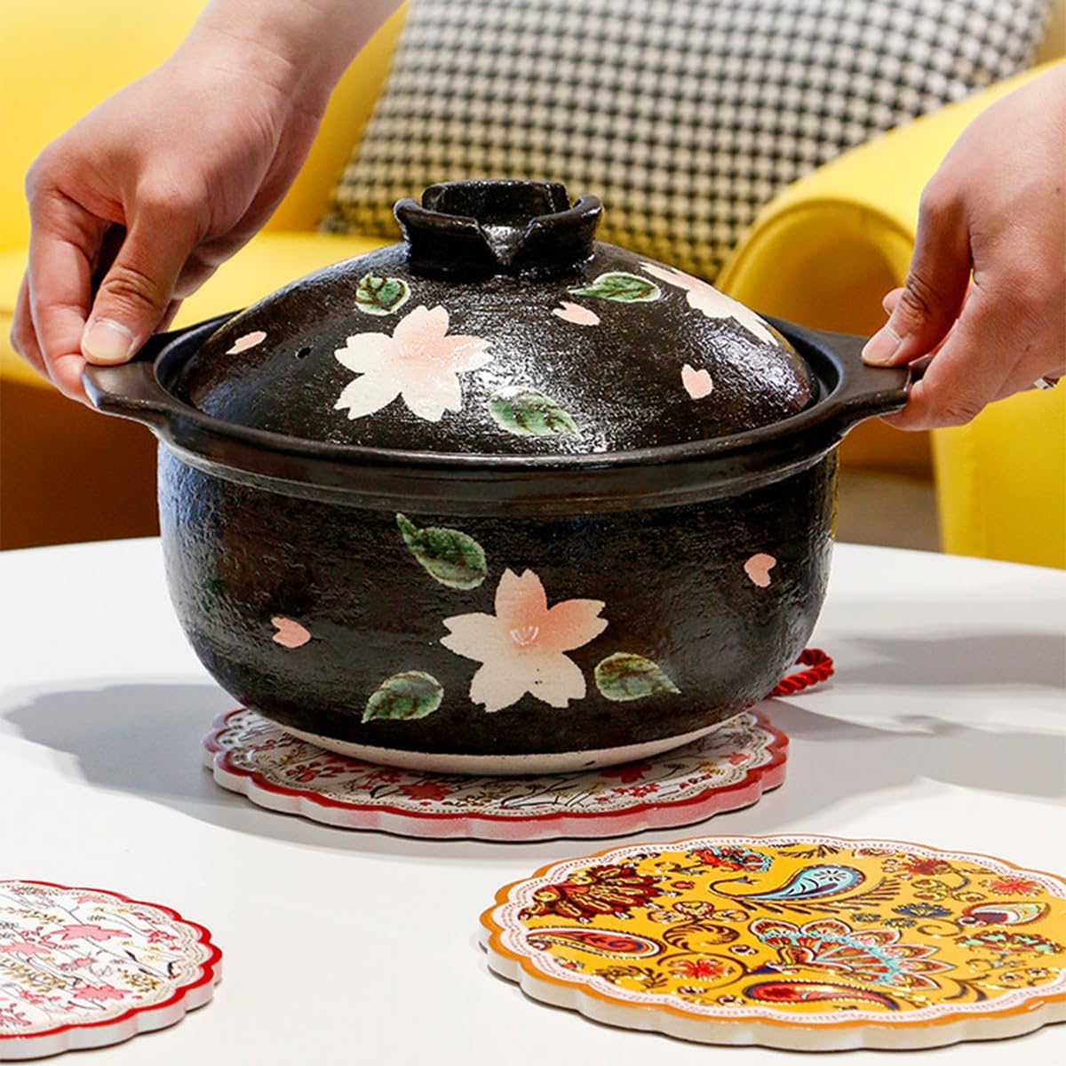 Luxury Gold Foil Ceramic Trivet with Cork Backing Heat Resistant Hot Pot Holder, Non-Slip Decorative Kitchen Table Protector, Vintage Bohemian Style (3 pc)