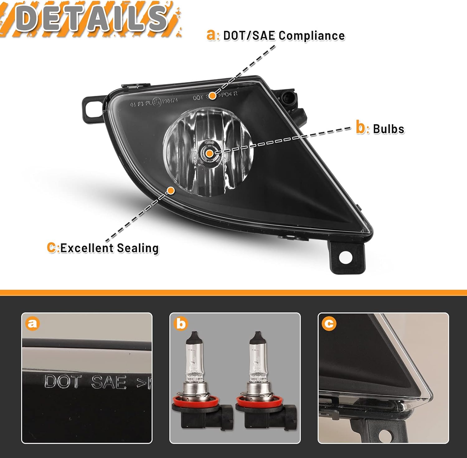 Fog light details showing DOT/SAE compliance, bulbs, and excellent sealing