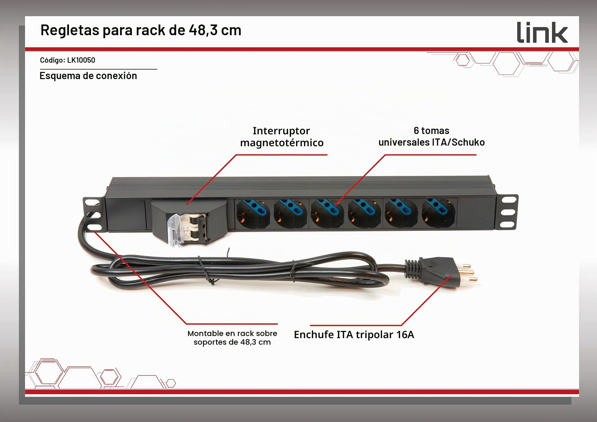Link Accessori LK10050 accesorio de bastidor Regleta eléctrica - Accesorio de rack (Regleta eléctrica, Negro, 1U, 1,75 m, 19", 6 salidas AC)