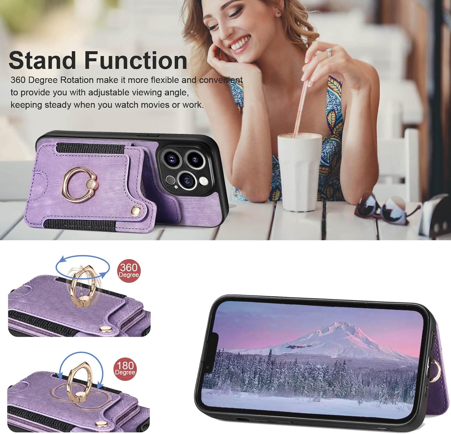 JanCalm for iPhone 13 Pro Case Card Holder Wallet, Ring Stand, RFID Blocking, Wrist Strap, Camera Protector, Leather Magnetic Clasp Protective Cover for iPhone 13 Pro (Purple) - Image 5