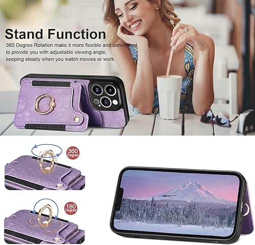 Miniatura 5 de JanCalm Funda para iPhone 13 Pro con tarjeterocartera, soporte de anillo, bloqueo RFID, correa de muñeca, protector de cámara, cierre magnético de