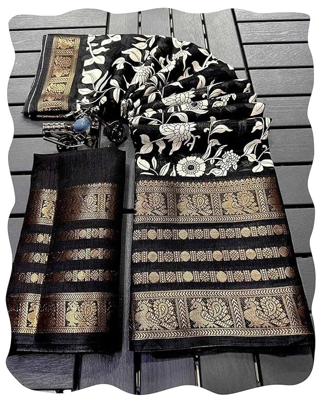 Image of SuperLaxmi Women's Floral Printed Dola Silk Saree with Blouse Piece