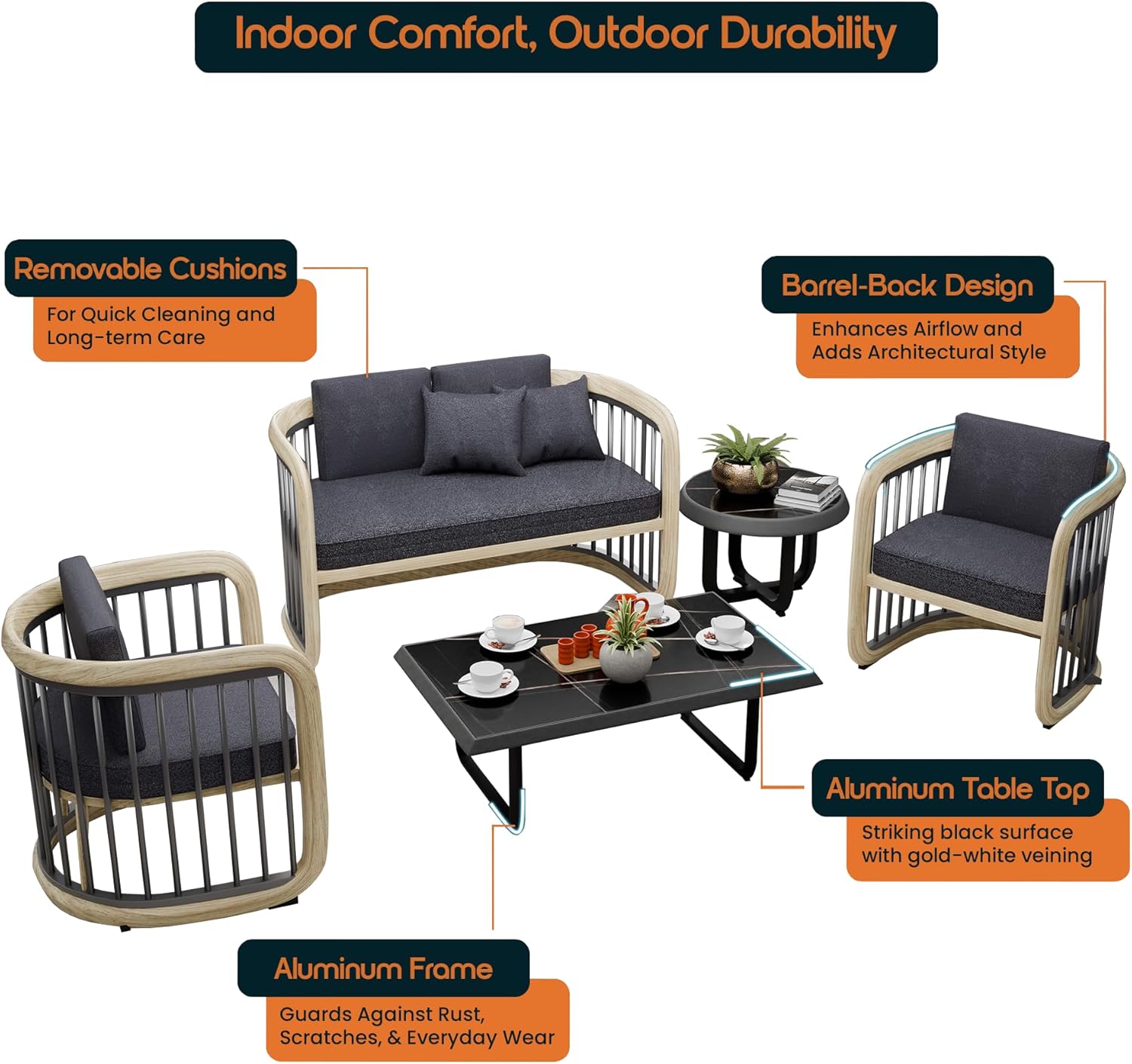 Klyra 5-Piece Patio Conversation Set – Modern Outdoor Aluminum Furniture Sofa & Barrel Accent Chairs – Weather Resistant Grey Olefin Cushions – Rust-Proof Metal Sectional Set for Garden, Balcony, Deck