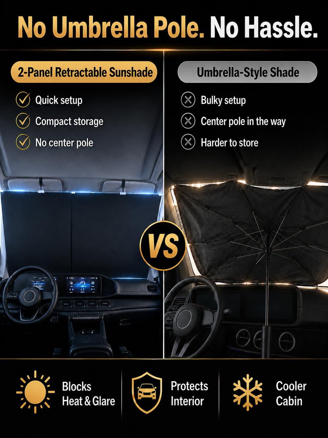 Retractable Windshield Sun Shade for Car, One-Time Installation, Pull-Up Integrated Sunshade, Reflective Silver Heat Shield, No Daily Folding, Fits Most Cars SUVs Trucks Vans