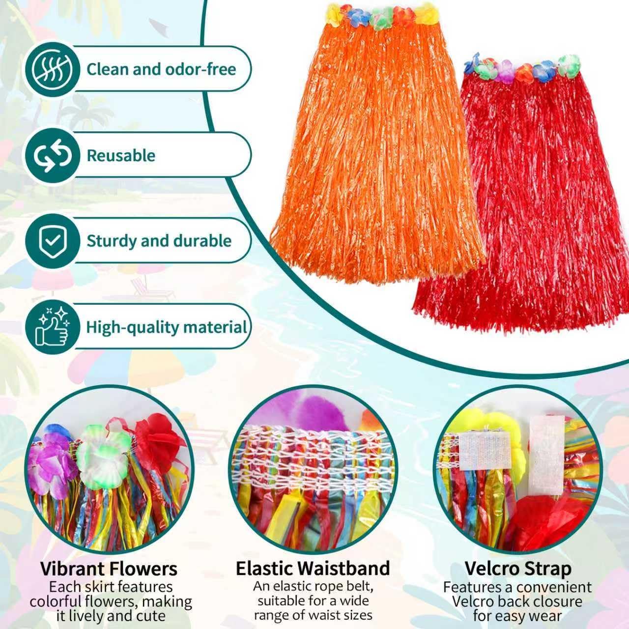 84 Pcs Hawaiian Party Supplies Set, Adjustable Grass Hula Skirts, Leis Headbands Wristbands, Hair Clips and Glasses for Tropical Beach Birthday Party Decorations & Bulk Favors for Adults - Image 4