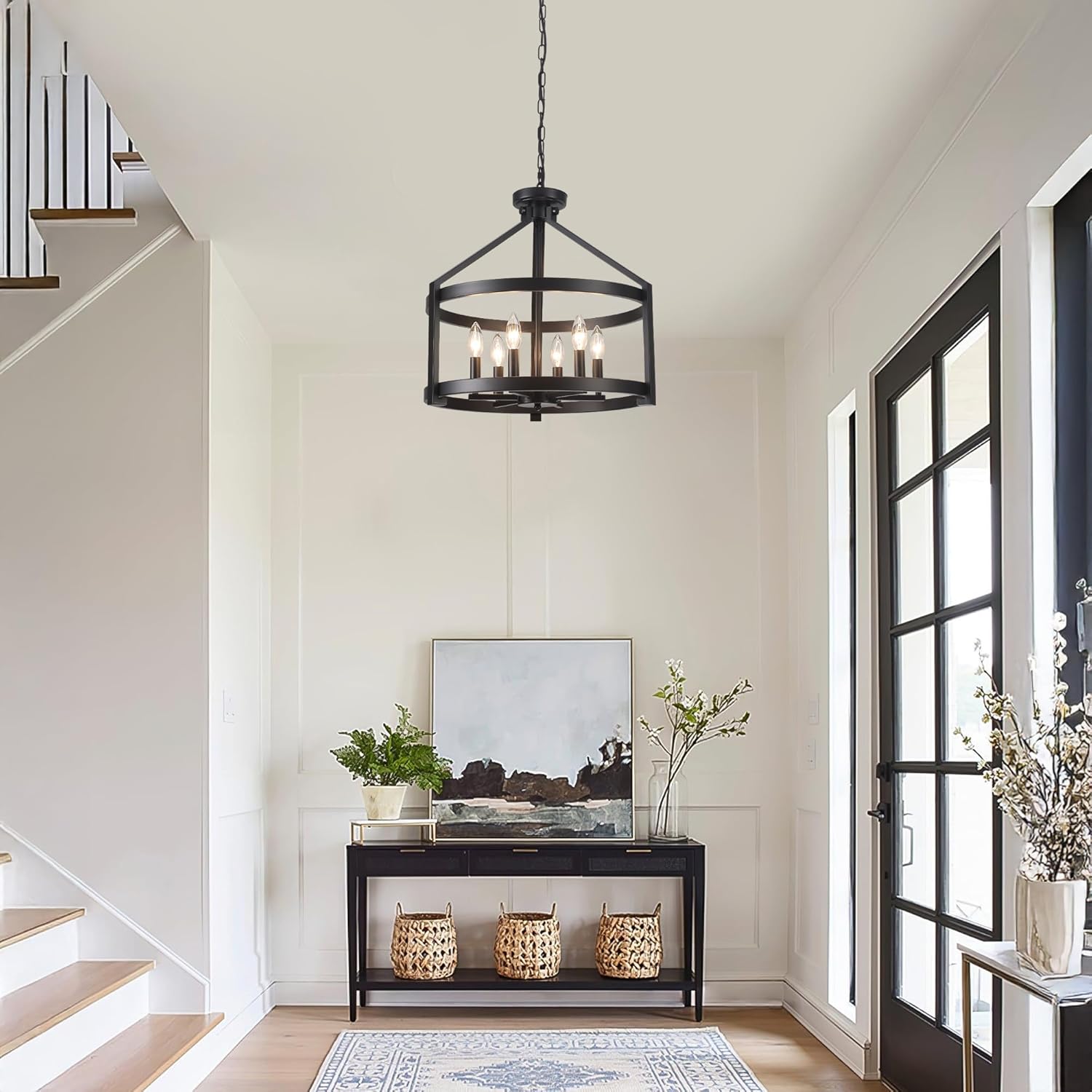 6-Light Large Farmhouse Black Chandelier, 20" Modern Hanging Pendant Lighting, Convertible Semi Flush Mount Ceiling Light Fixture Rustic Vintage Chandeliers for Dining Room Foyer Kitchen Entryway