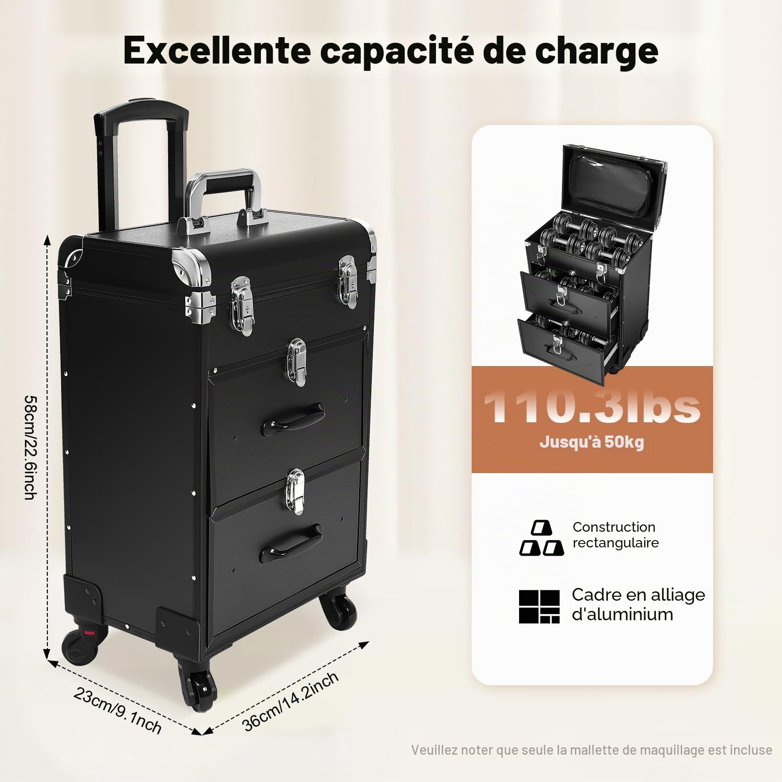 Valise de maquillage professionnelle à roulettes - Tiroirs et serrure - Grande - Pivotant à 360° - 36 x 23 x 58 cm - Noir