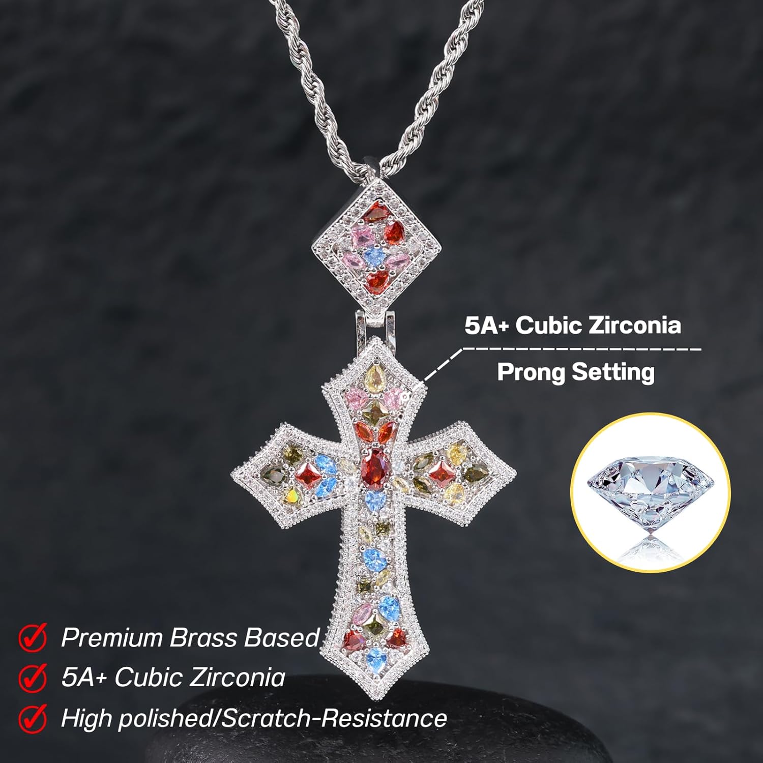 Lulu Mel Iced Out Colorful Rhomboic Cross Pendant Necklace, Trendy White Gold Hip Hop Cubic Zirconia Oval Diamond Cross Pendant Faith Jesus Necklace Gift - Image 5