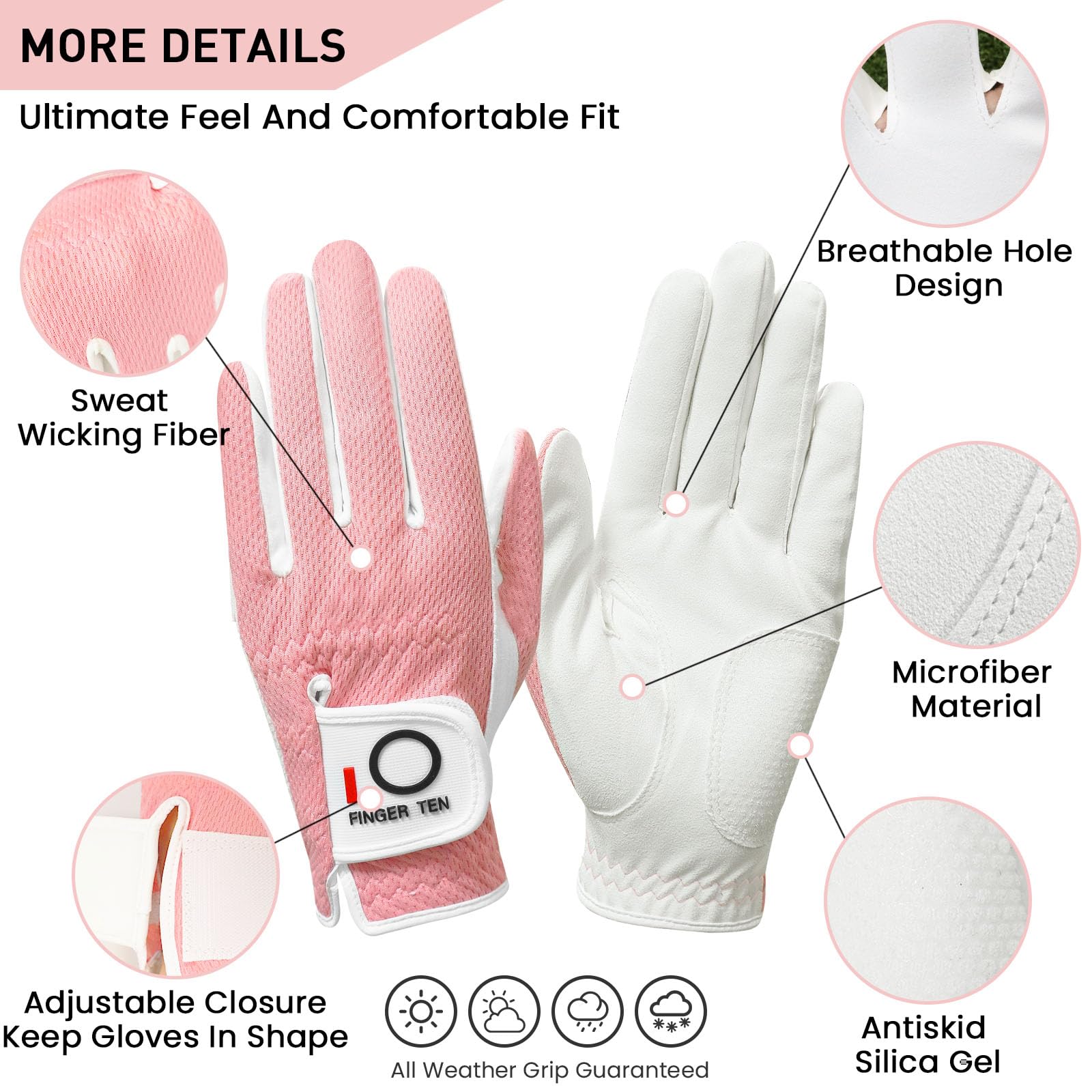 FINGER TEN Women’s Golf Glove Left Hand Right Microfiber Grip Rain Hot Wet All Weather Both Hand Pair - Image 2