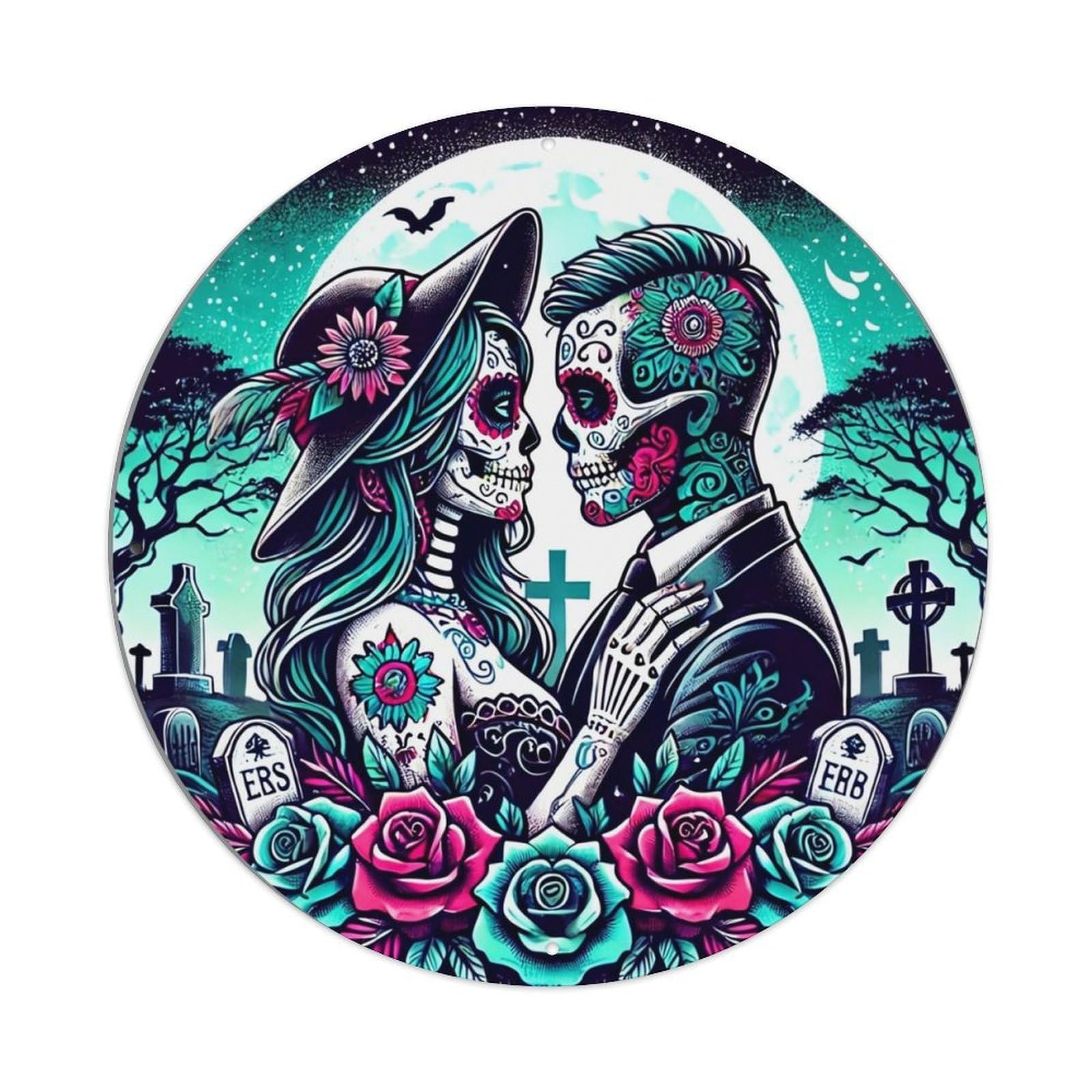 Day Of The Dead Couple Round Metal Tin Sign Vintage Wall Decor, Bar Garage Cafe Kitchen Home Wall Art Poster 8x8inches