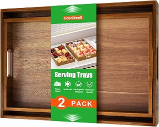 EdenDwell Acacia Wood Serving Trays 2-Pack - Rustic Rectangular Platters with Handles for Parties, Kitchen, Decor