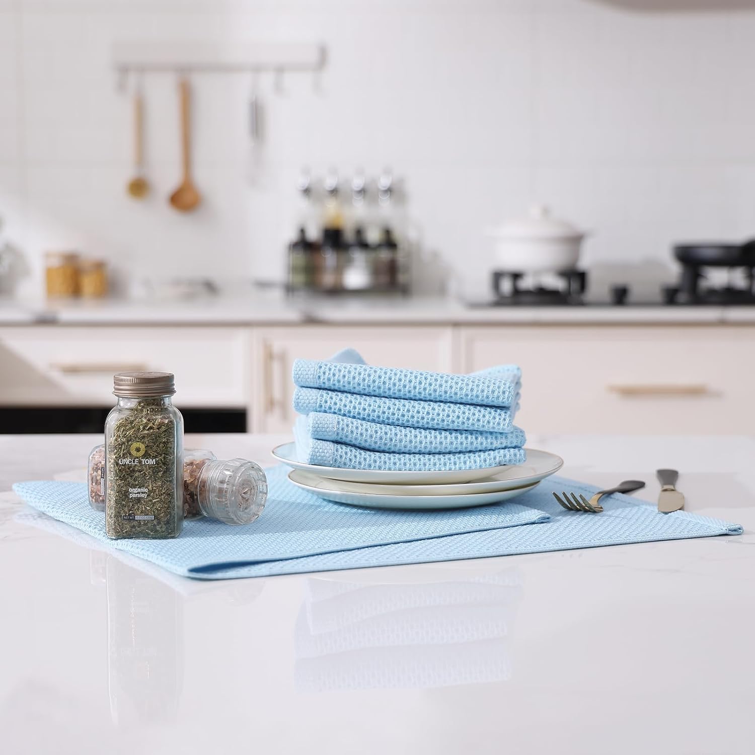 Kitinjoy 100% Cotton Waffle Weave Kitchen Hand Towels (13 X 28 Inches, Sky Blue), 12-Pack Super Soft and Absorbent Dish Towel for Drying Dishes