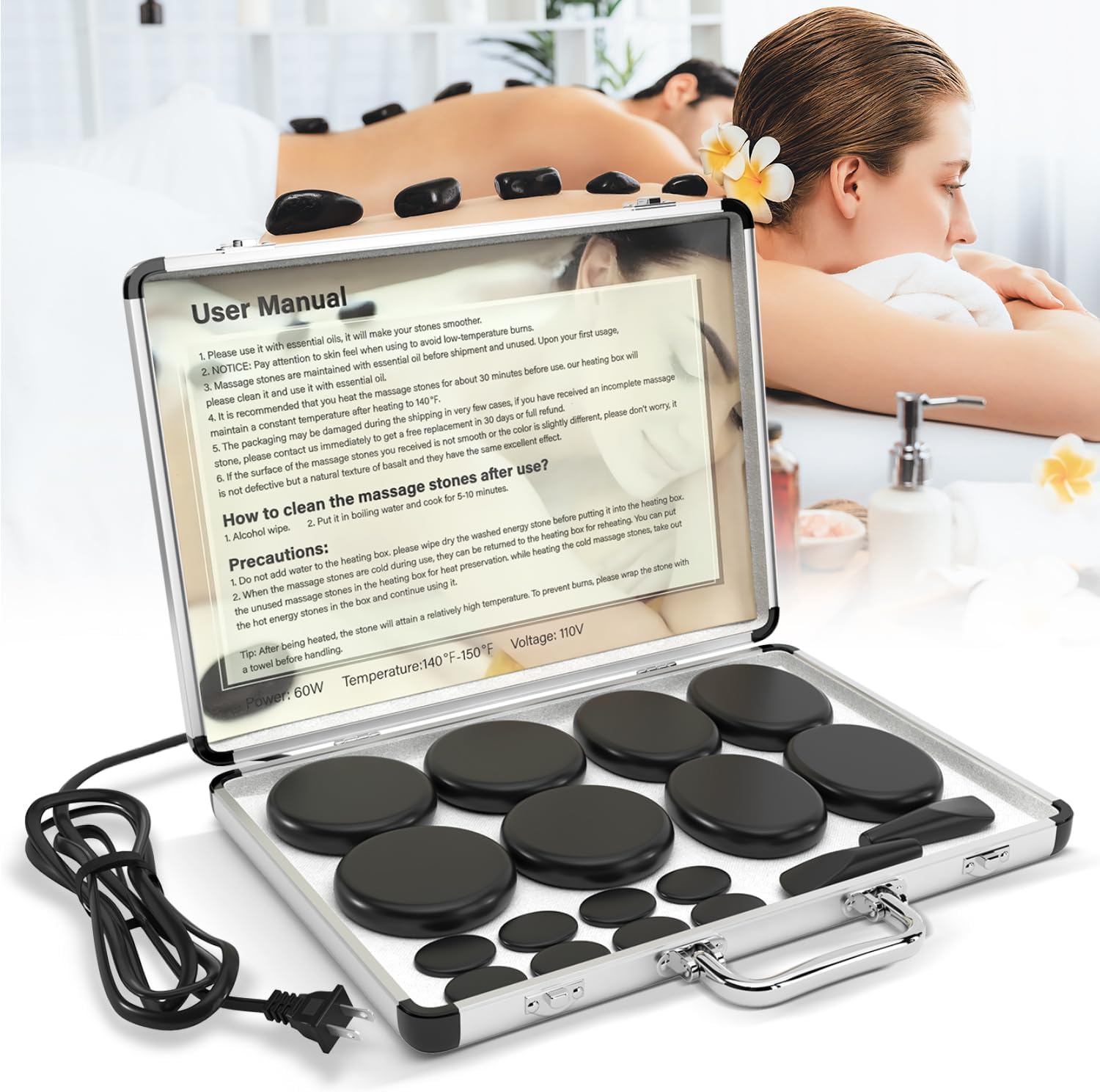Portable Massage Stone Warmer, 18pcs Basalt Hot Stone Massage Set, Electric Rock Heater Kit, Dry Heating Box for SPA Center, Beauty Salon, Travel & Home Use, Healing, Relaxing & Pain Relief