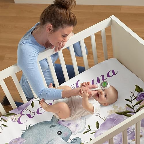 Miniatura 4 de KAINSY Sábanas para cuna con nombre personalizado, ropa de cama de bebé de elefante morado para niños y niñas, sábanas bajeras plegables portátiles