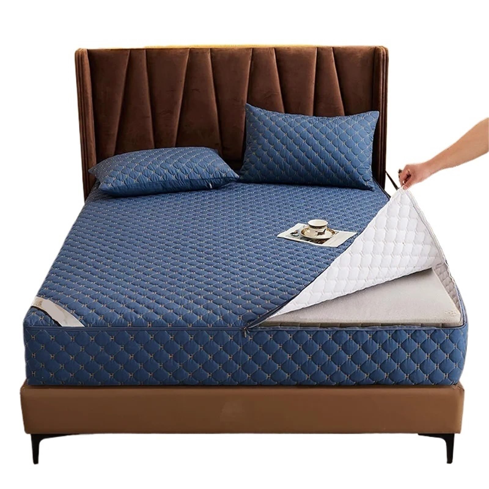 Zipped Mattress Protector Thicken Quilted Mattress Cover With Zipper Bedspread Soft King Queen Tatami Bed Fitted Shee(Color1,Pillowcases48x74cmx2)
