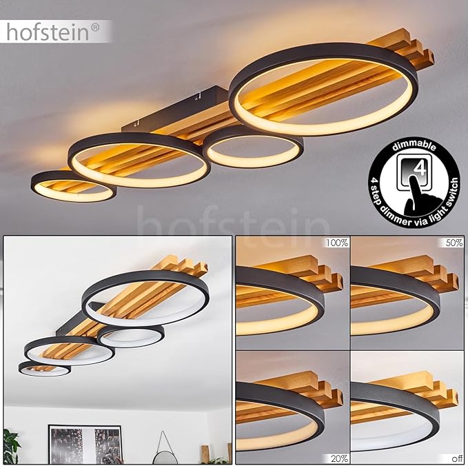 hofstein Rodekro Led-plafondlamp, dimbare plafondlamp van metaal/hout/kunststof in zwart/natuur/wit, dimbaar via conventionele lichtschakelaar, lamp met houten balk, led 44 watt, 5100 lumen, 3000 Kelvin photo 2