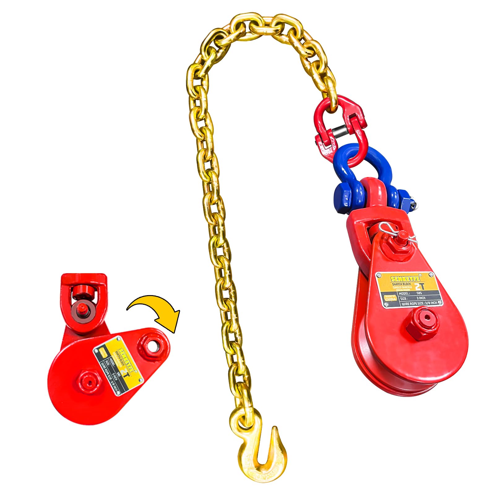 2 Ton Snatch Block with Chain and Swivel Shackle 3 Sheave for 3 8 Inch Wire Rope Snatch