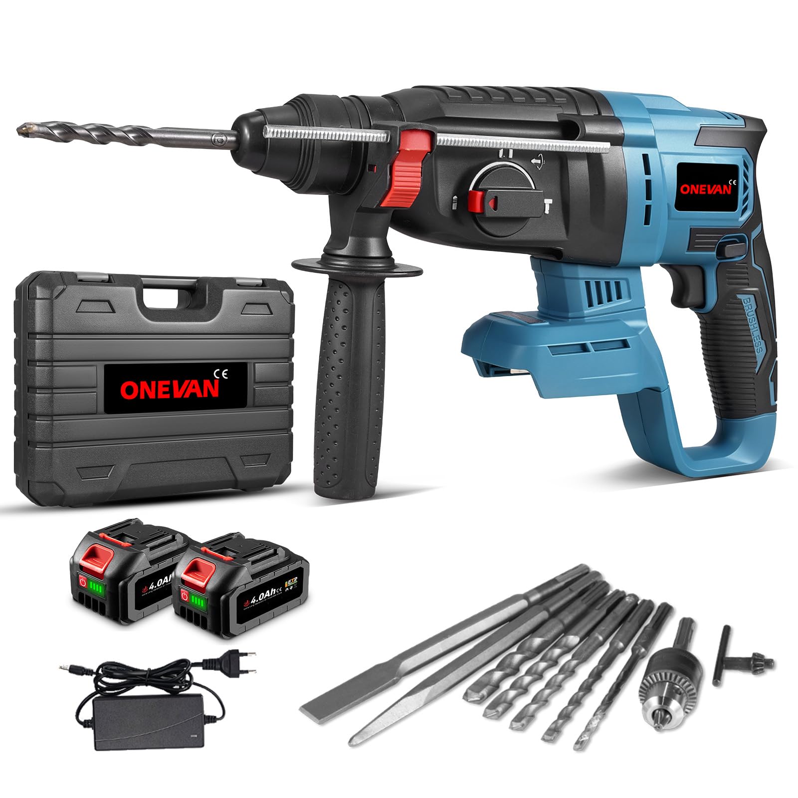 Cordless Hammer Drill 800W Brushless Power Drill - with 3-Mode Hammer Drill(Drill/Hammer/Chisel), Max Drilling 28mm(1IN), 2×4.0Ah Batteries, 10 Accessories, Carry Case, for Home and Construction Work