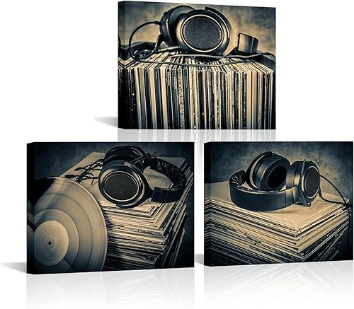Miniatura 1 de Canvbay 3 piezas de lienzo de música para auriculares, arte de pared, diseño vintage de discos de vinilo, para el hogar, estudio, oficina, estirado