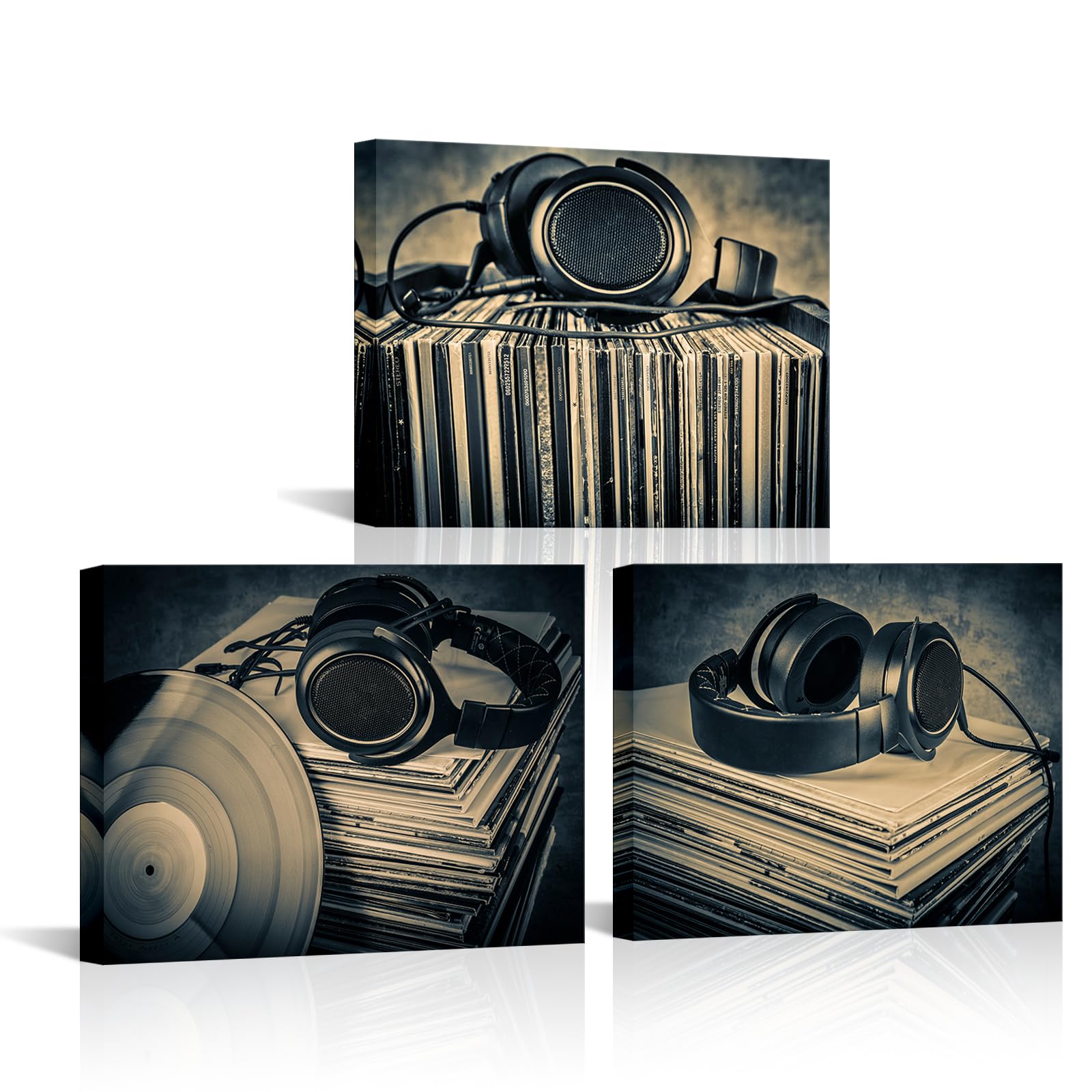 Canvbay 3 Pieces Music Headphone Canvas Wall Art Vintage Headset Vinyl Record Print Picture for Home Studio Office Stretched and Framed Ready to Hang