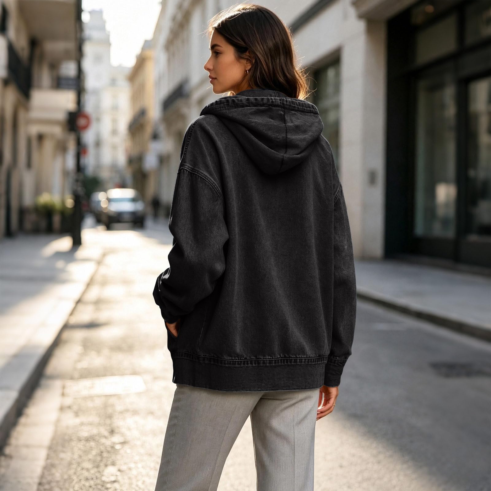 Giacche di jeans da donna vintage oversize con zip con cappuccio cappotto di jeans da donna primavera autunno casual felpe con cappuccio larghe leggere giacca da camionista per il tempo libero
